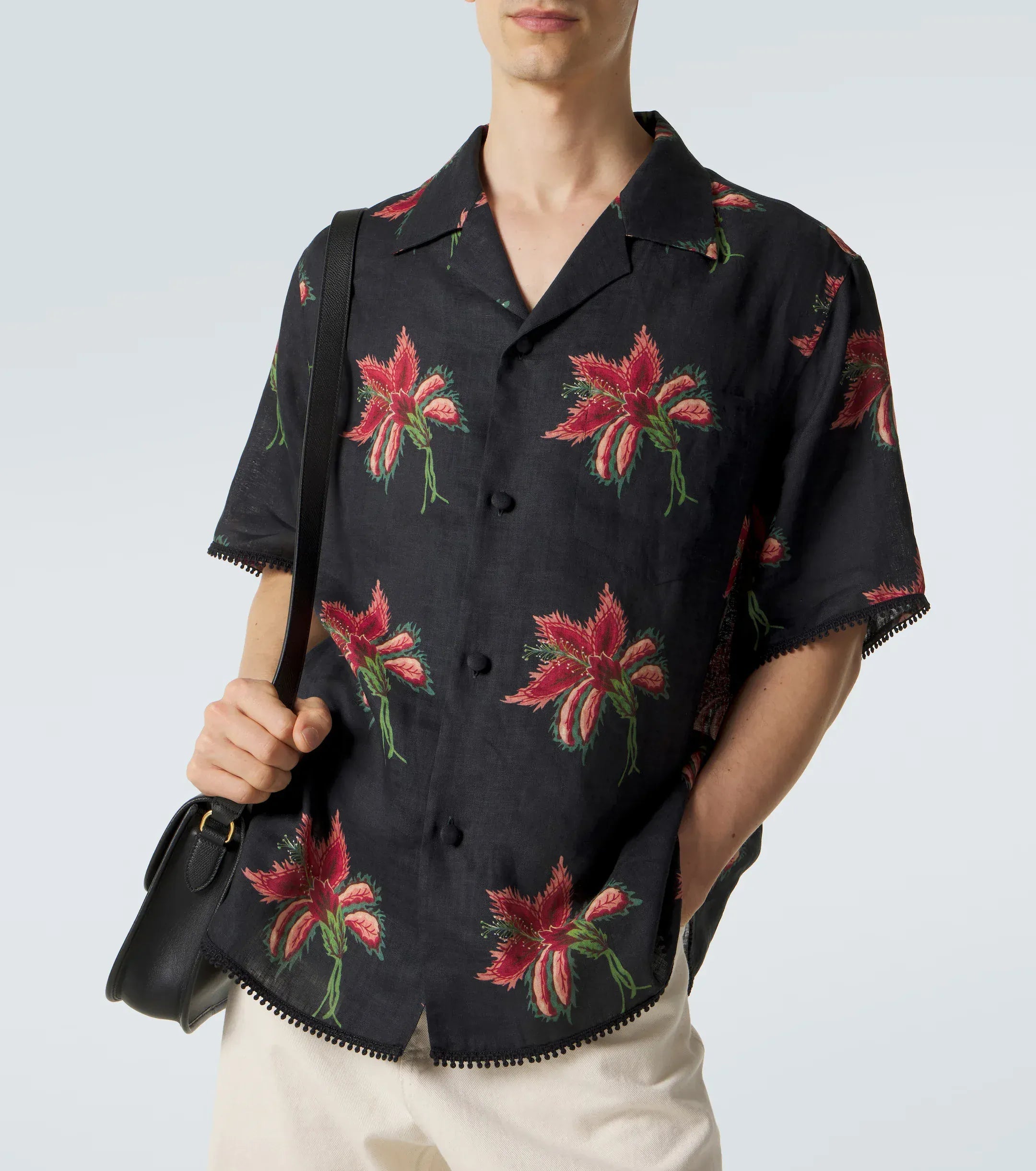 Valentino Linen Papier Floral Print Bowling Shirt