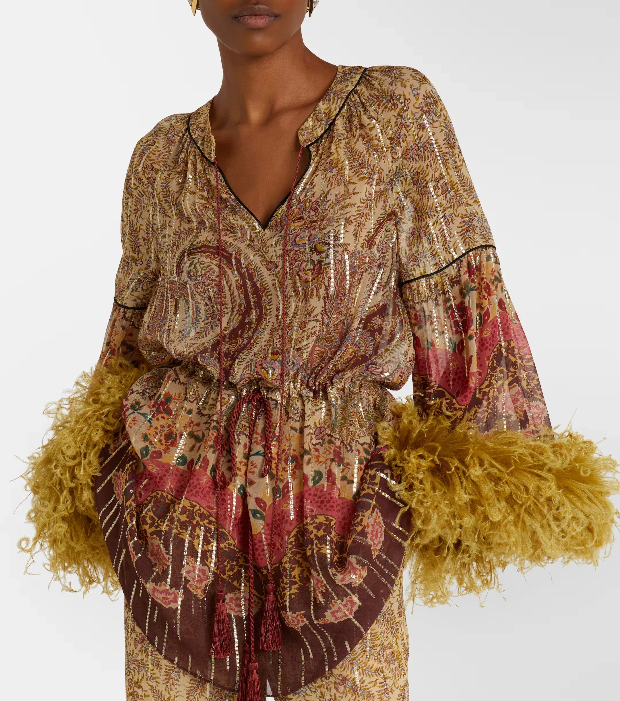 Valentino Paisley Feather-Trimmed Silk-Blend Blouse