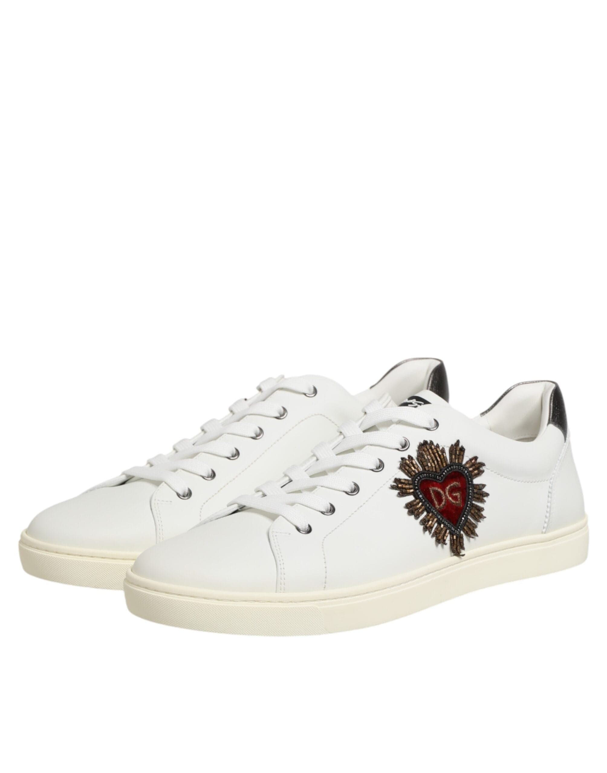 Dolce & Gabbana White Leather Heart Embellished Sneakers Shoes