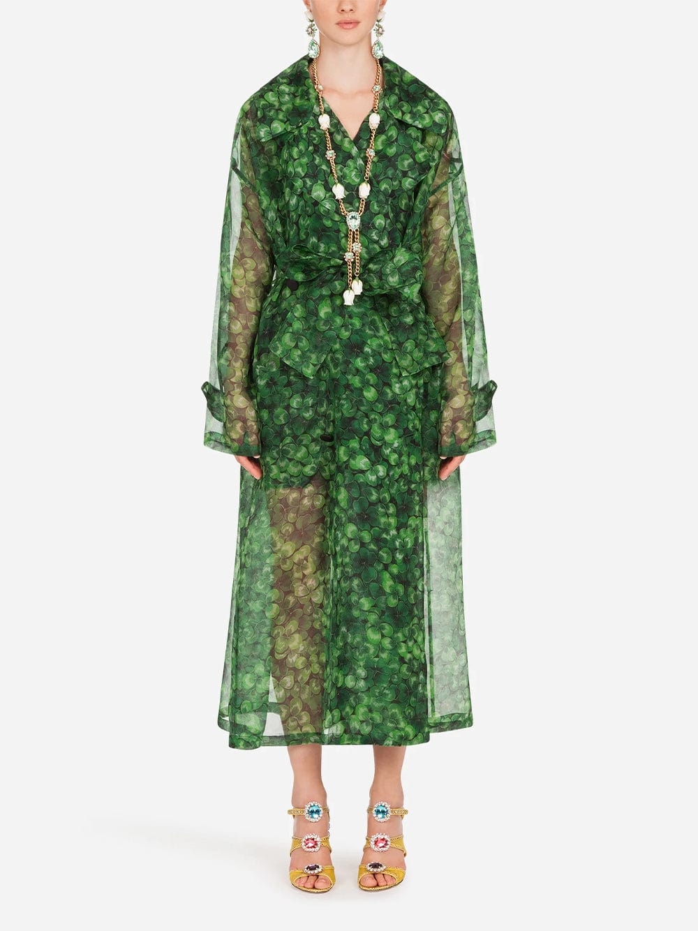 Dolce & Gabbana Clover Leaf Print Organza Trench Coat
