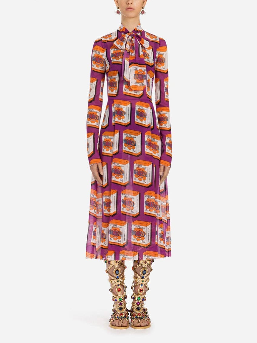 Dolce & Gabbana Long-sleeve Print With Necktie Midi Dress