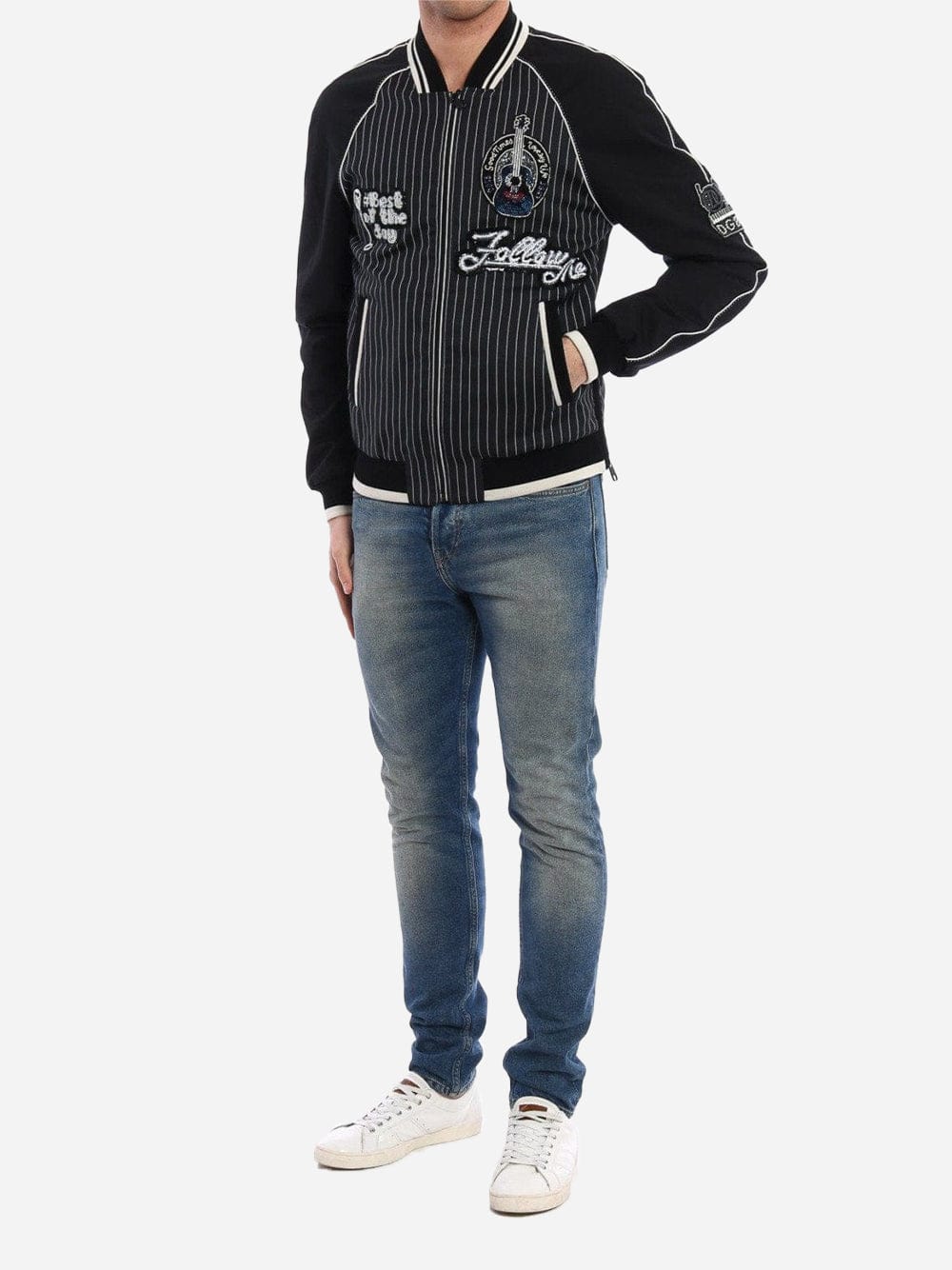 Dolce & Gabbana Pinstriped Musical Patches Bomber Jacket