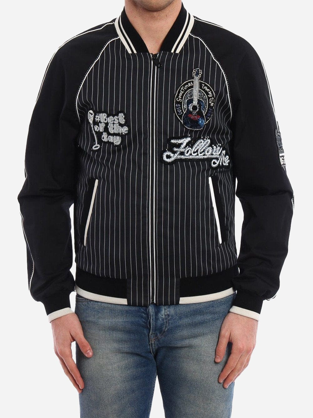 Dolce & Gabbana Pinstriped Musical Patches Bomber Jacket
