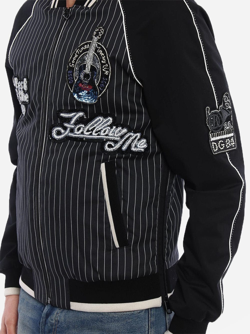 Dolce & Gabbana Pinstriped Musical Patches Bomber Jacket