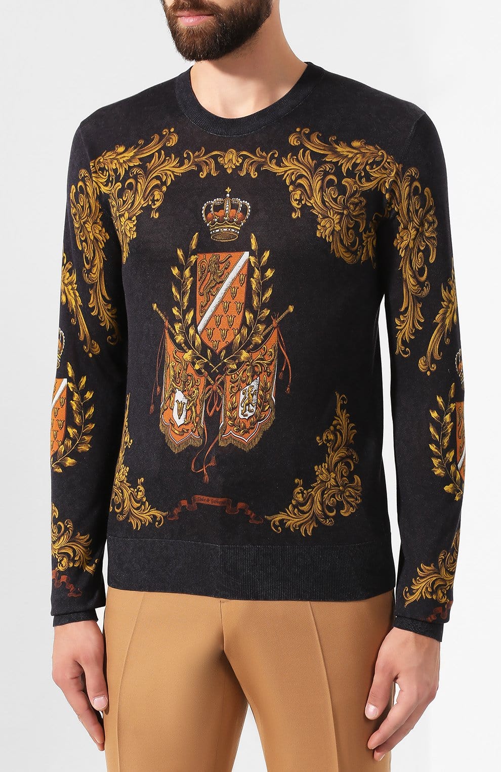 Dolce & Gabbana Gray Silk Baroque Medal Motive Sweater