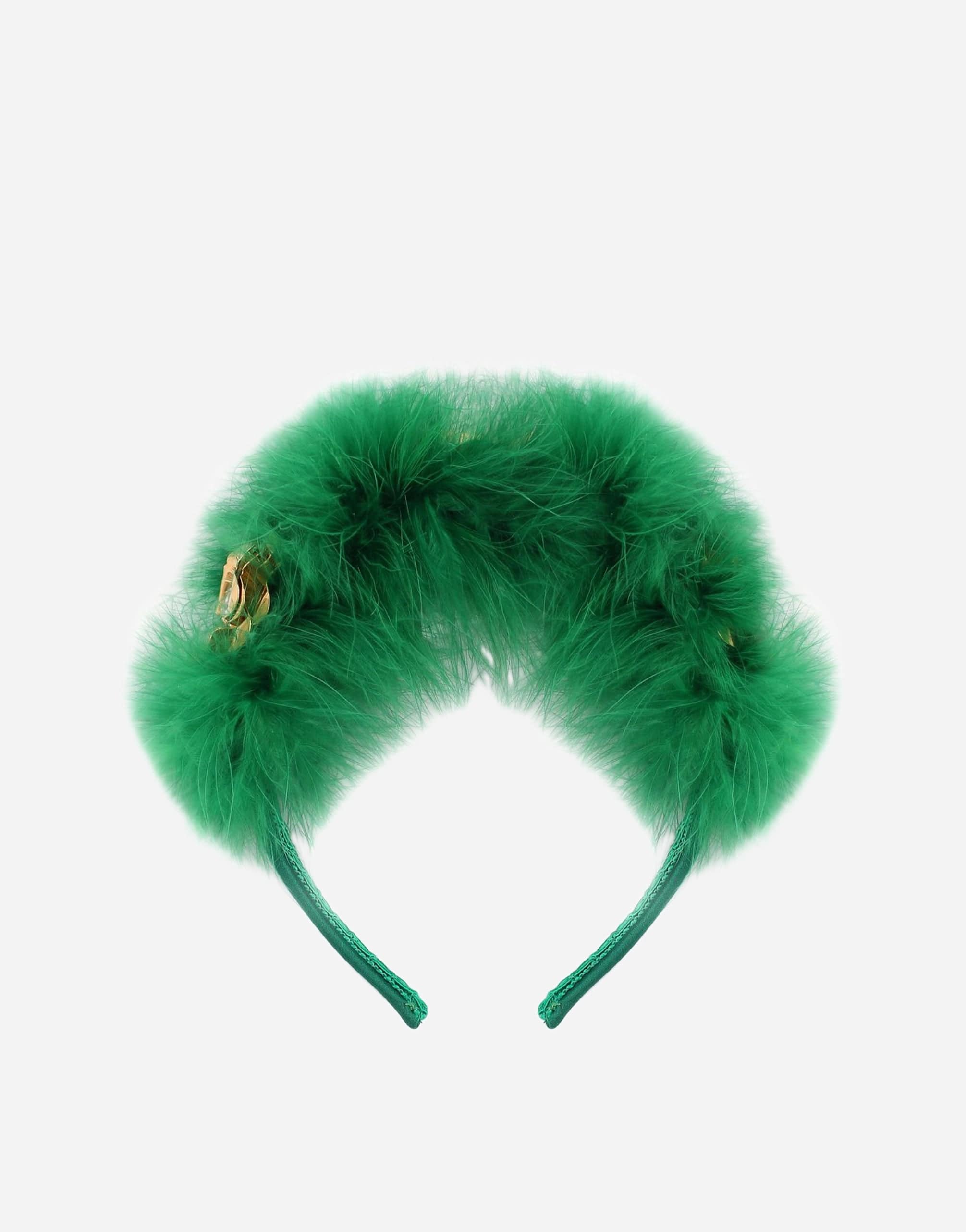 Dolce & Gabbana Green Fur Crystal Flowers Tiara Headband