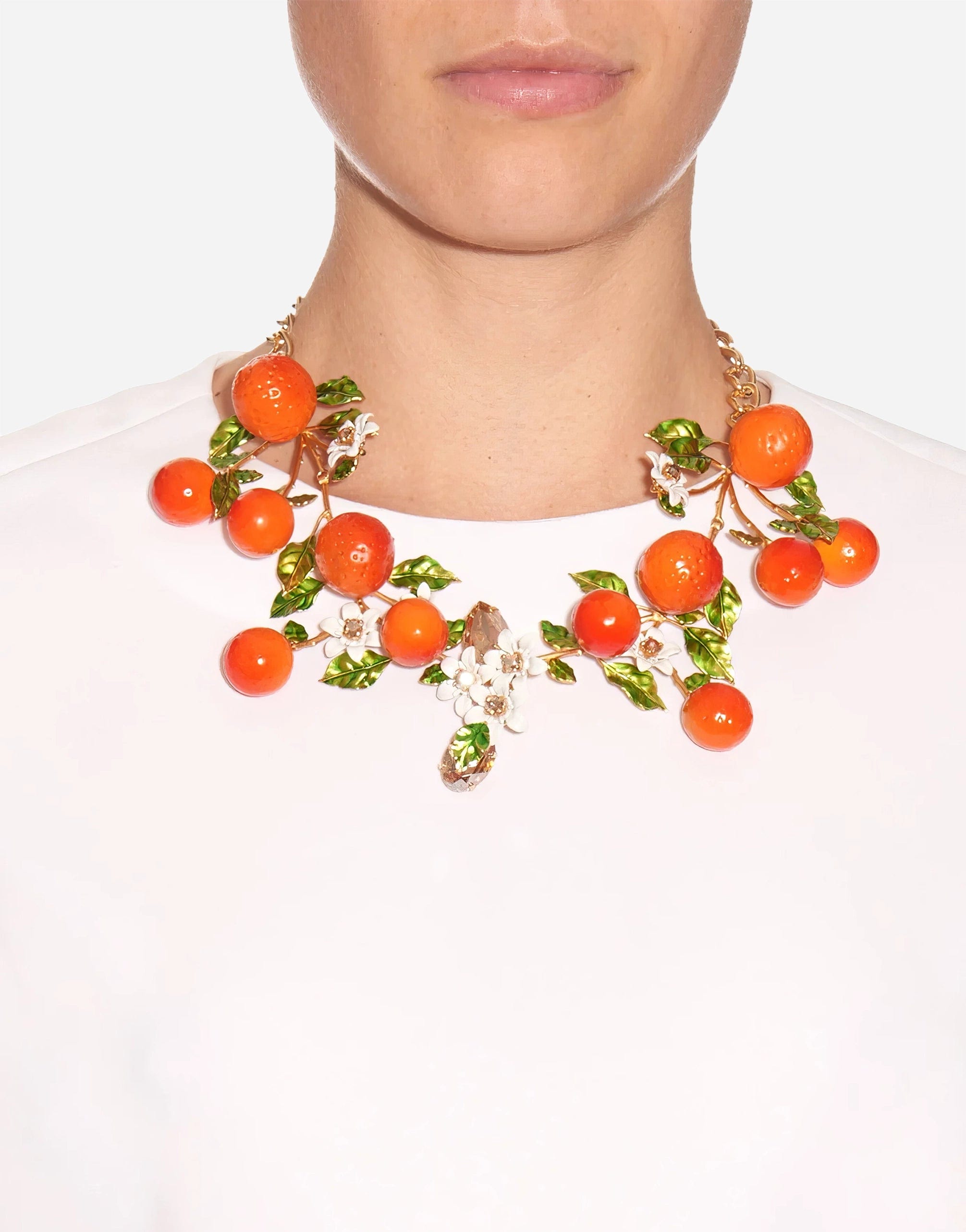 Dolce & Gabbana Gold Brass Oranges Flowers Crystal Chain Link Necklace