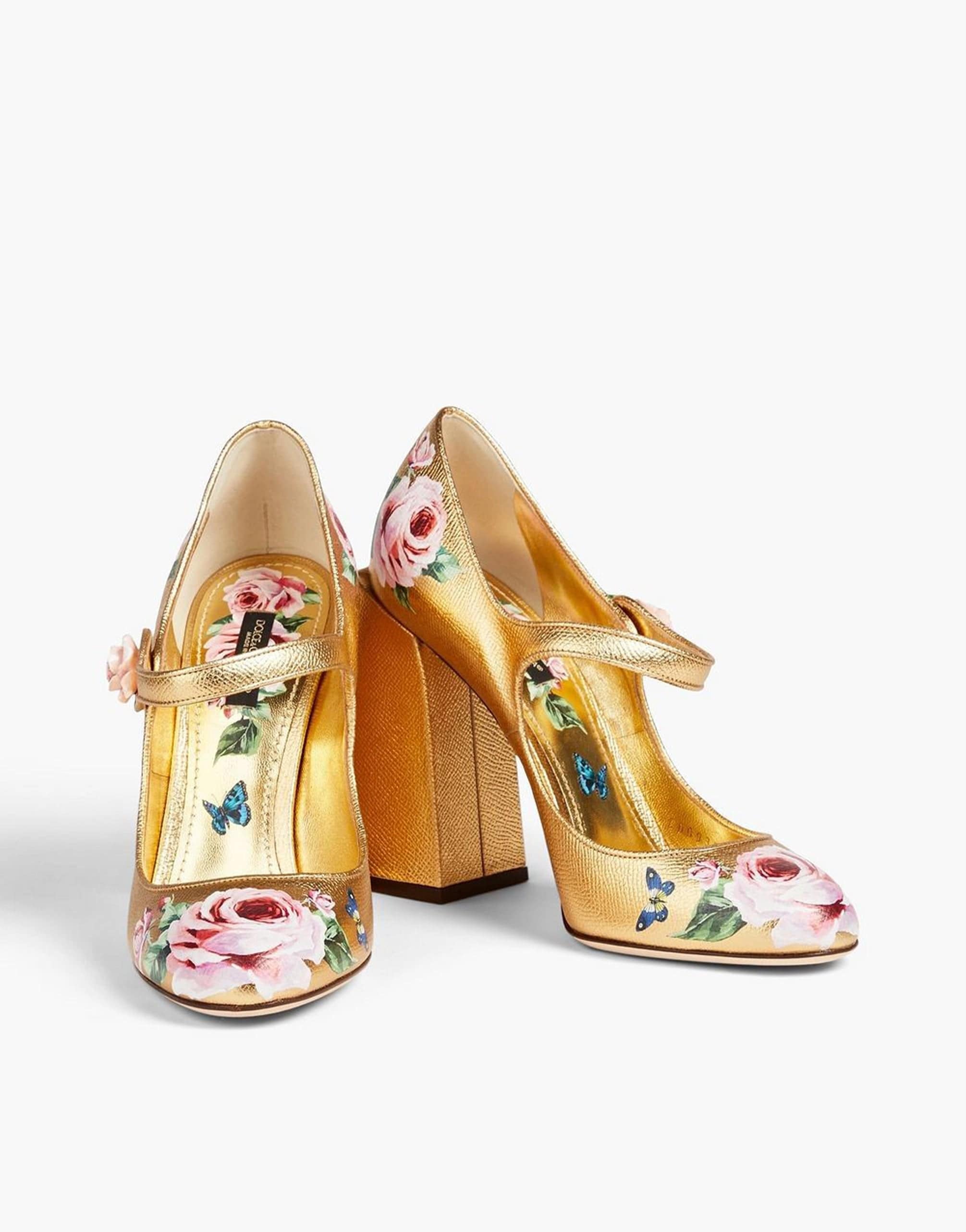 Dolce & Gabbana Gold Leather Floral Print Strap Pump Shoes
