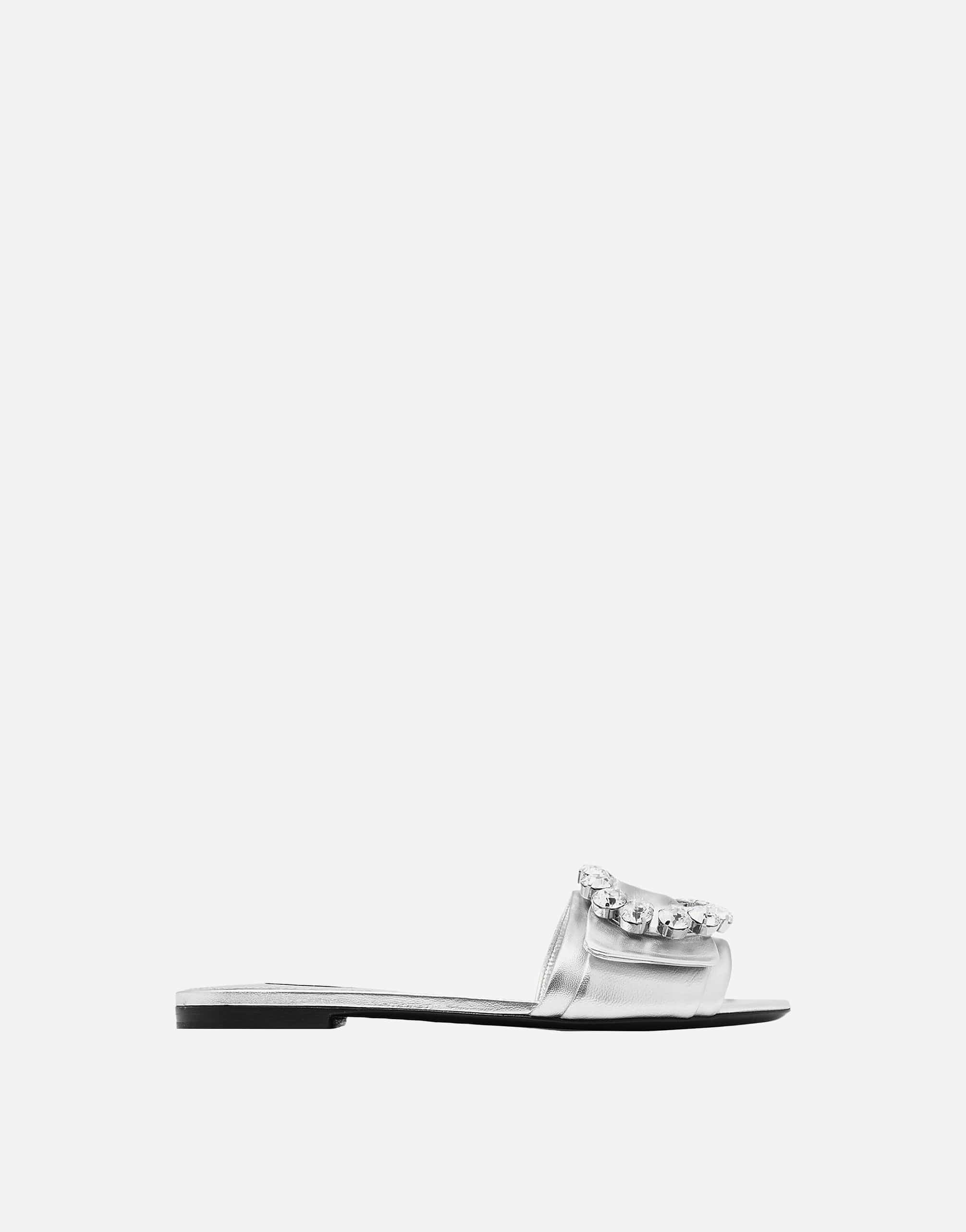 Dolce & Gabbana Silver Crystal Embellished Slides Flat Shoes