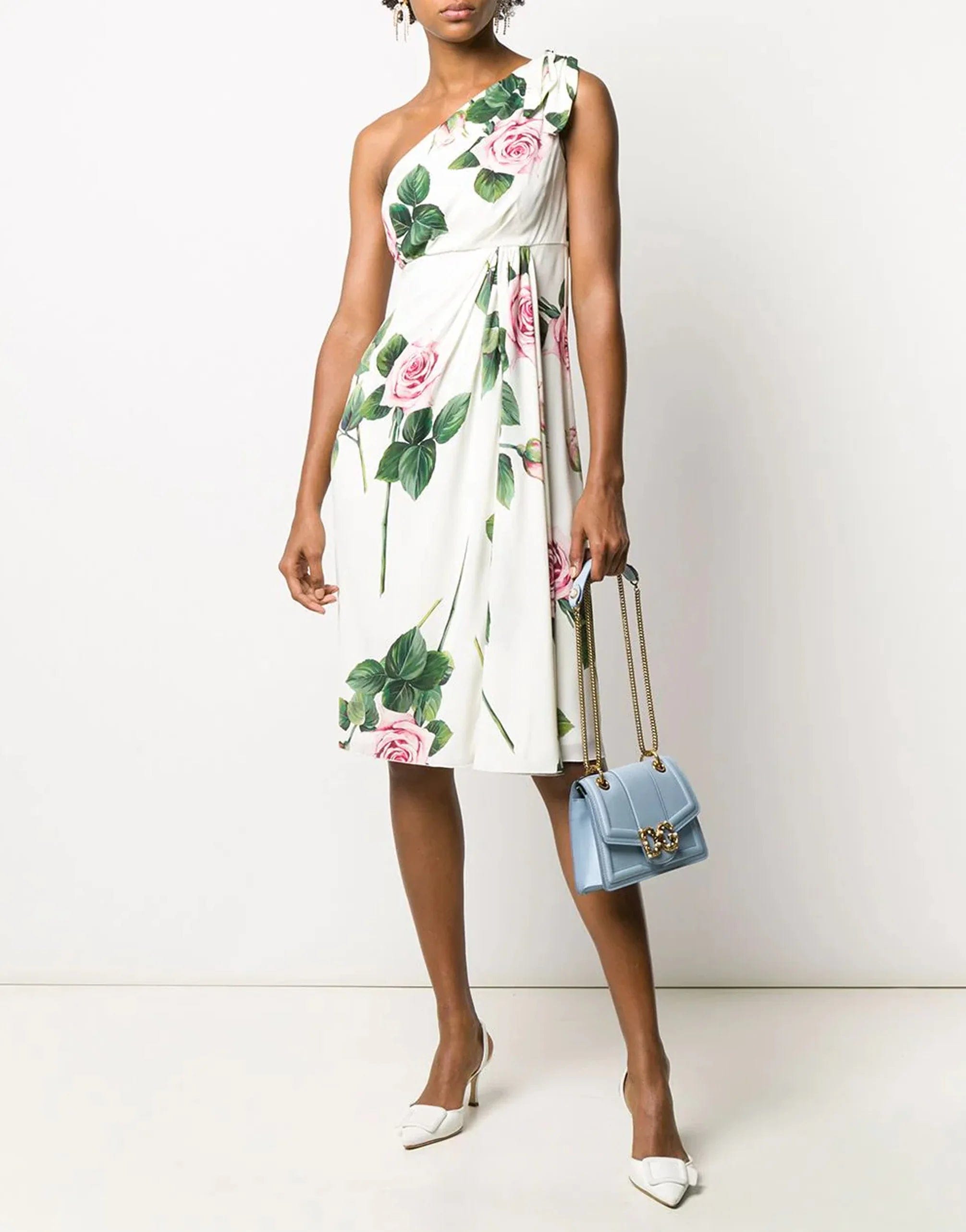 Tropical Rose Print One Shoulder Dress