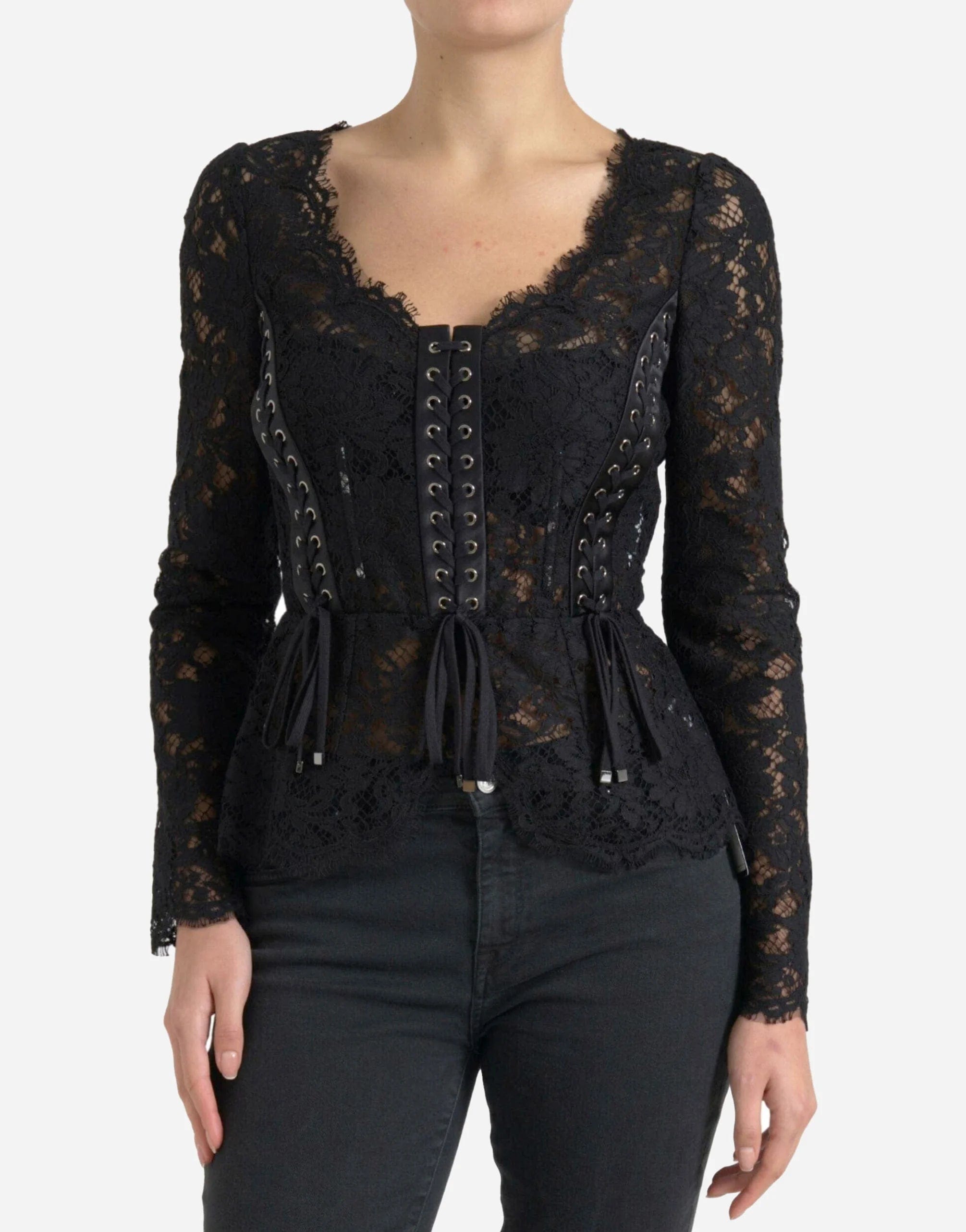 Black Lace Long Sleeve Corset Peplum Top