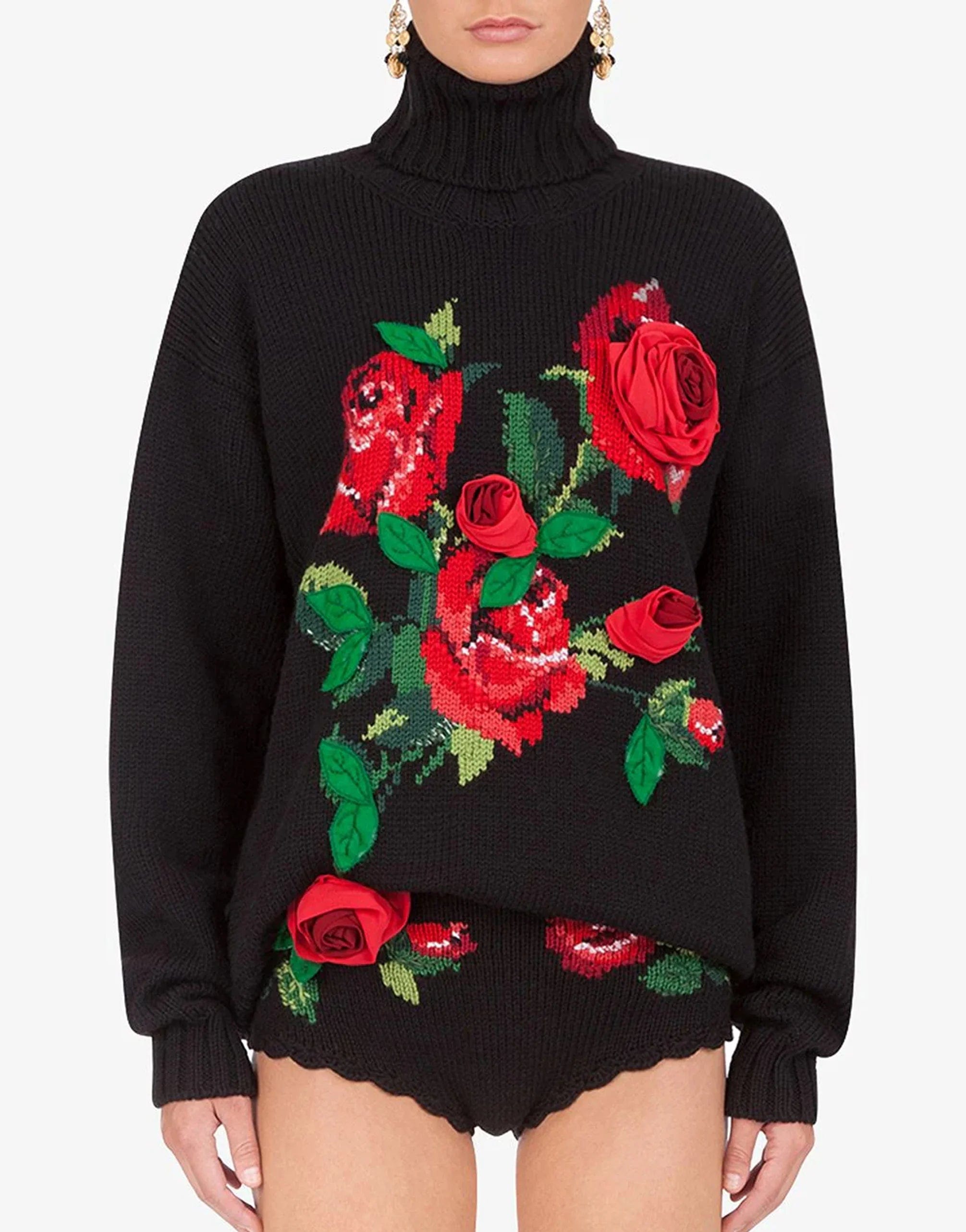 Dolce & Gabbana Rose-Intarsia Wool-Cashmere Sweater