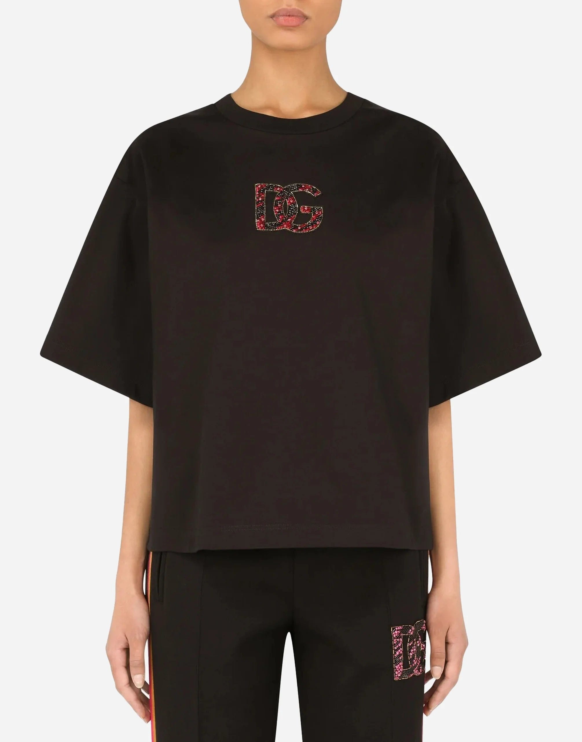 T-shirt con ricamo logo Interlock di Dolce & Gabbana