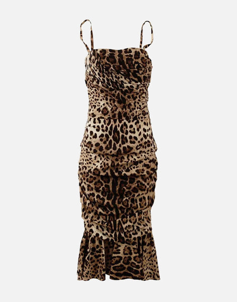 Dolce & Gabbana Brown Leopard Print Ruched Midi Dress Dolce & Gabbana Brown Leopard Print Ruched Midi Dress