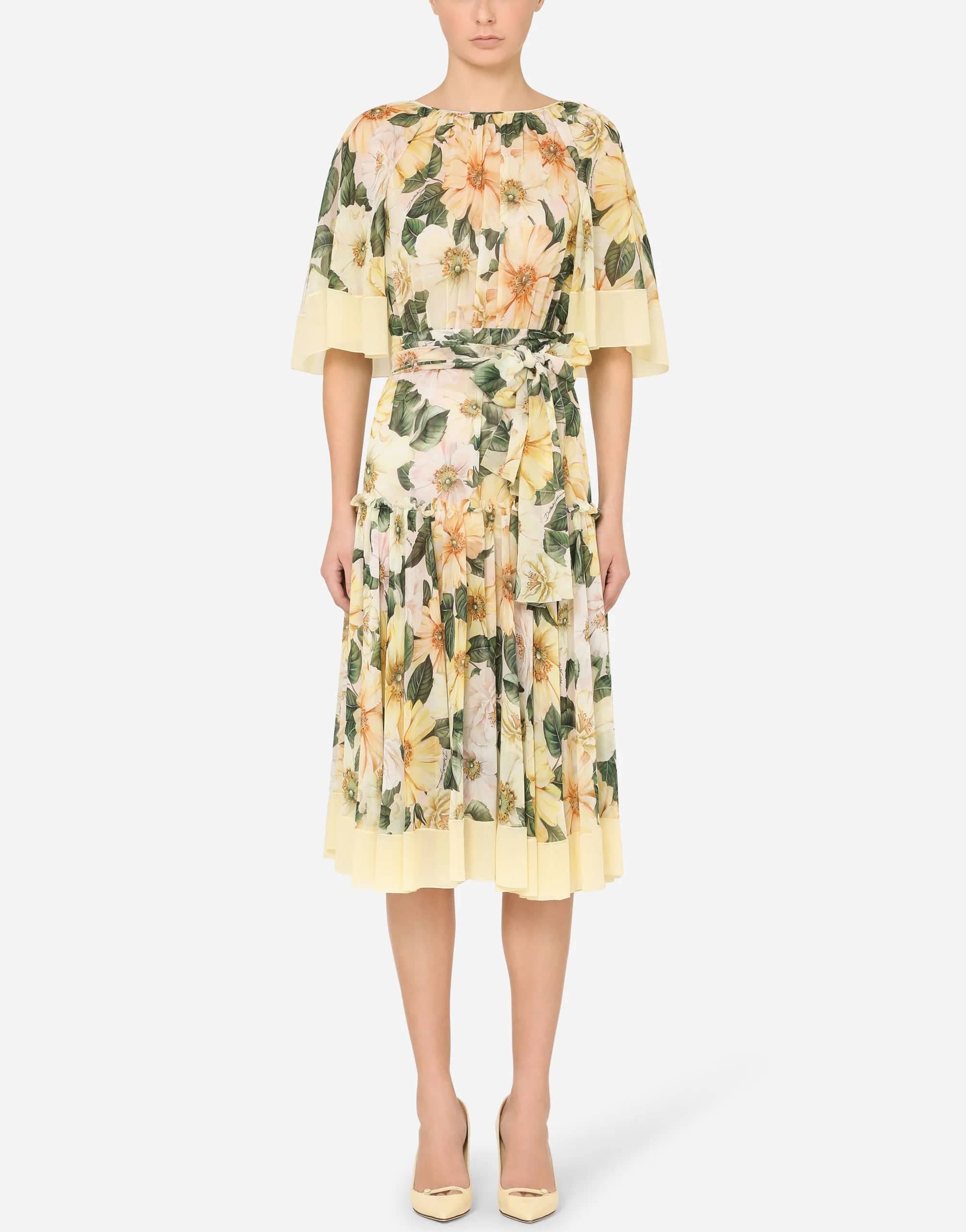 CamellIa-Print Georgette Midi Dress With Cape Detail