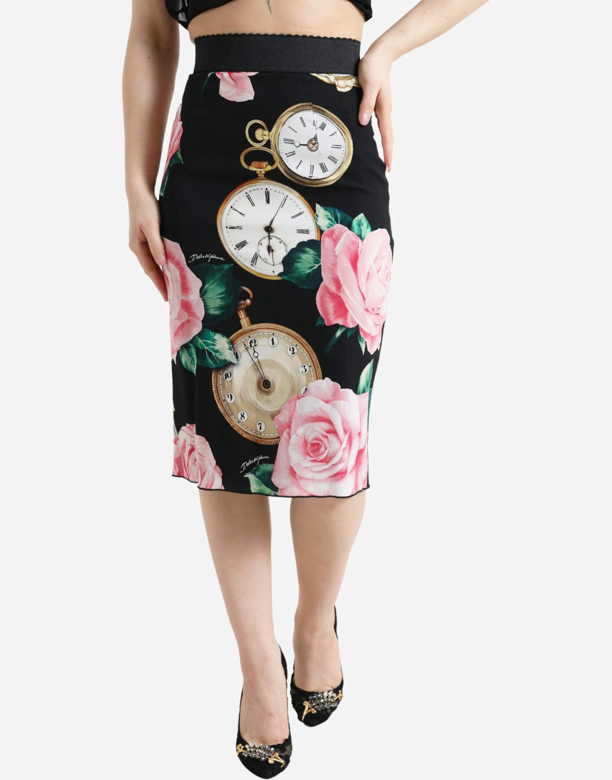 Dolce & Gabbana Rose Clock High-Waist Pencil Cut Skirt