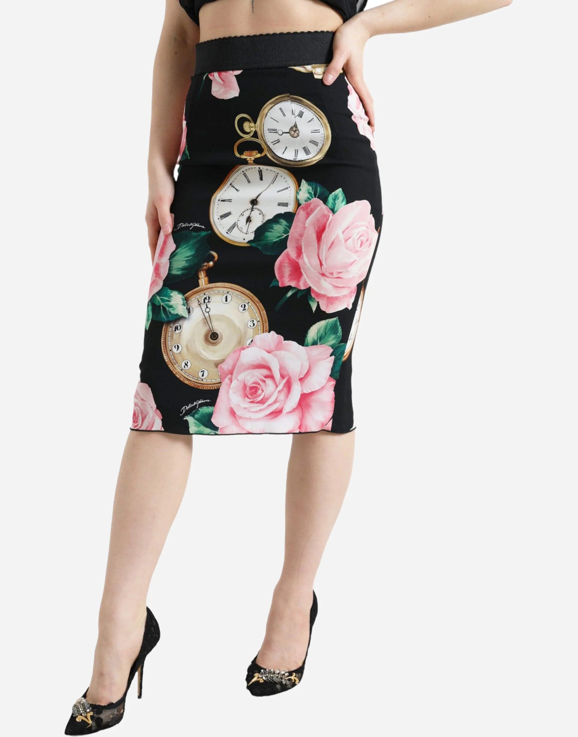 Dolce & Gabbana Rose Clock High-Waist Pencil Cut Skirt