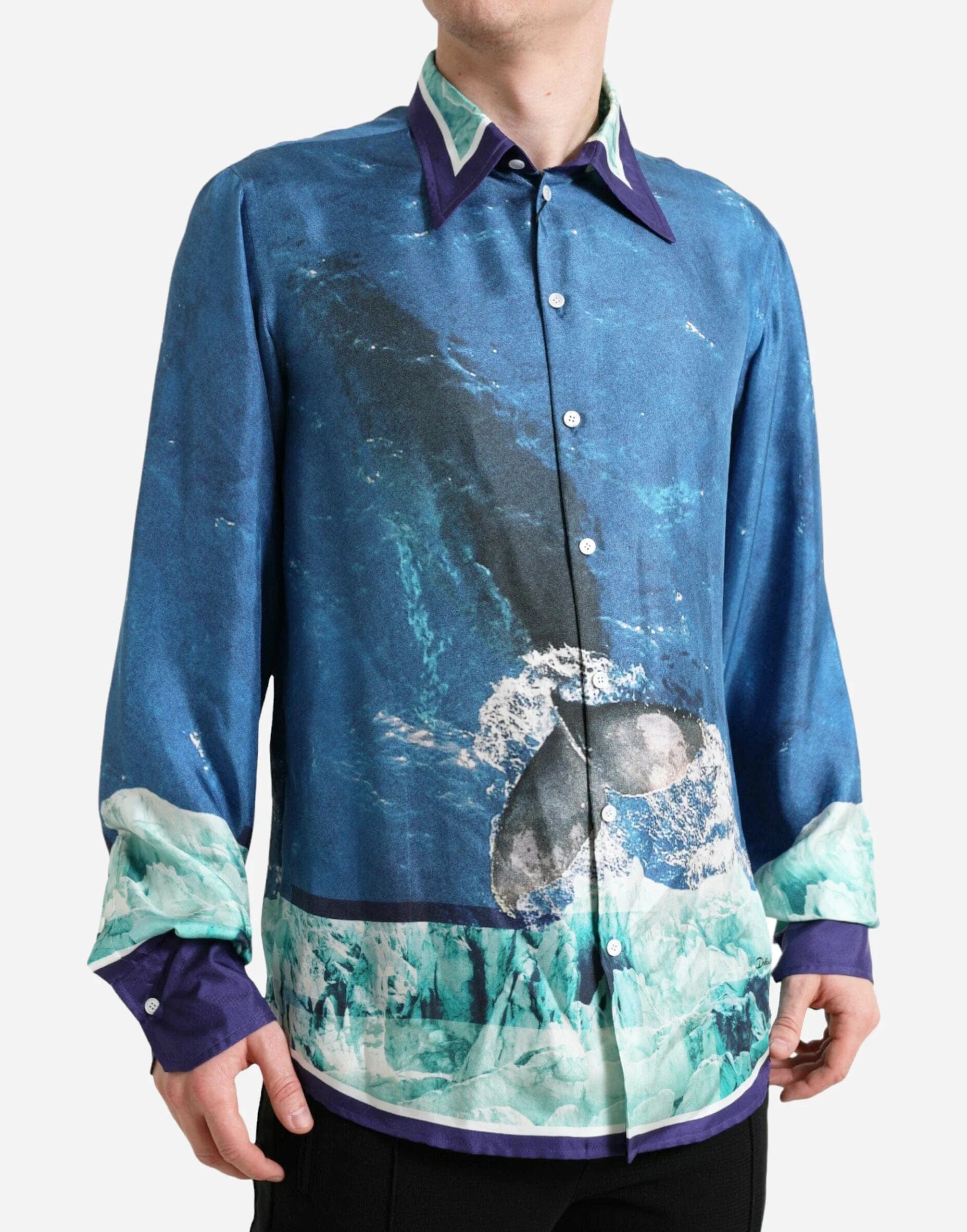 Ocean-Print Silk Collared Shirt
