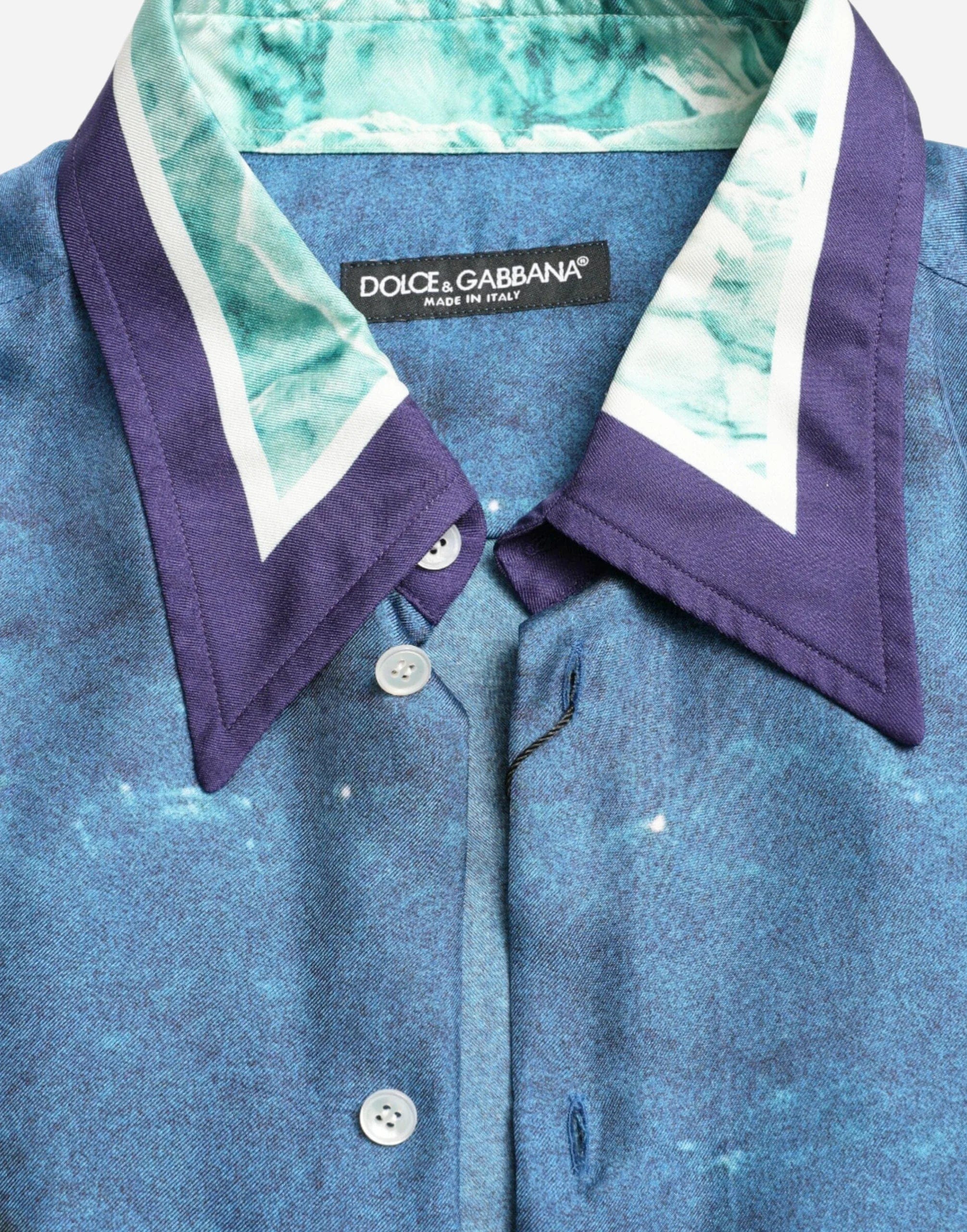 Dolce Gabbana Ocean Print Silk Collared Shirt Sendegaro