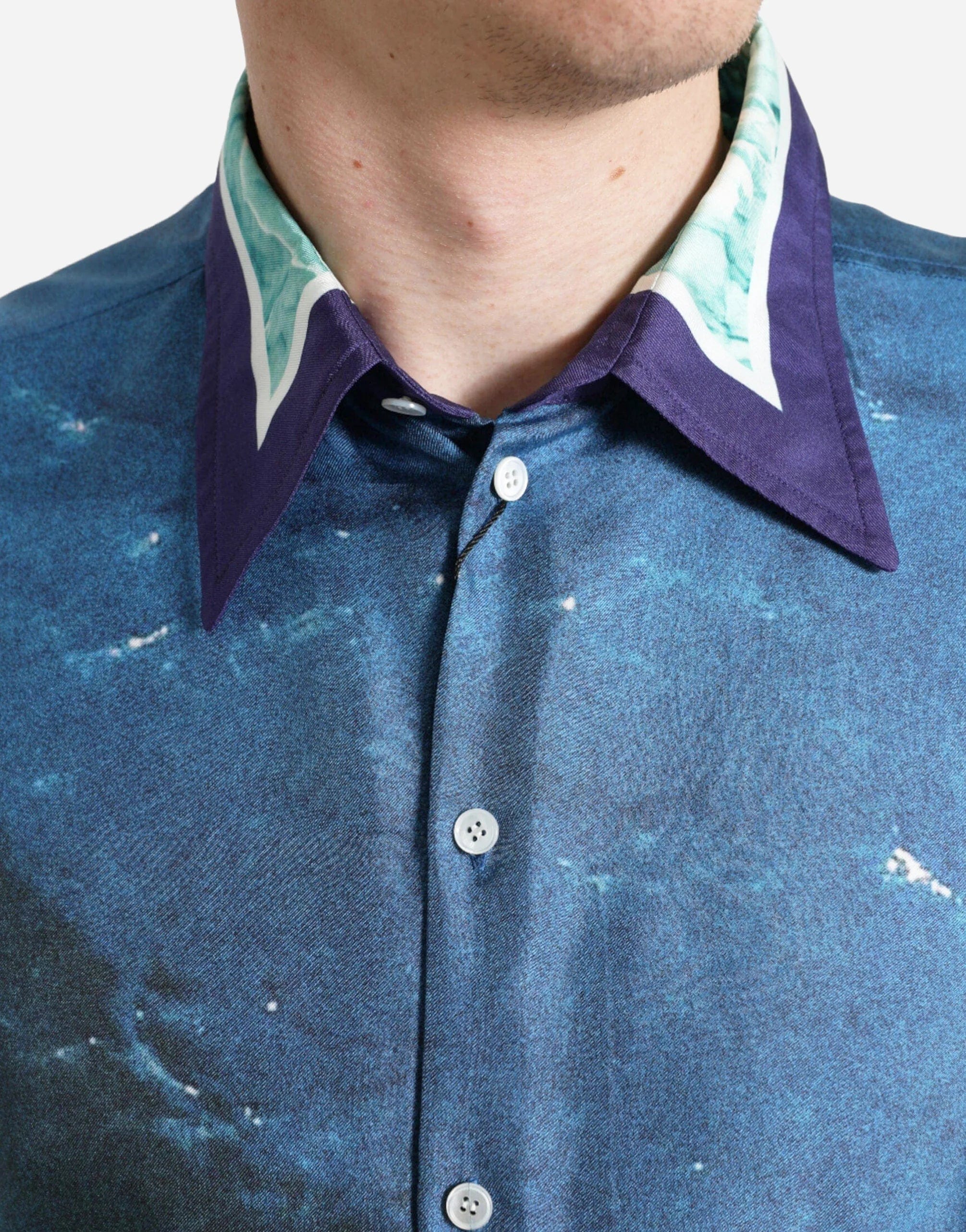 Ocean-Print Silk Collared Shirt