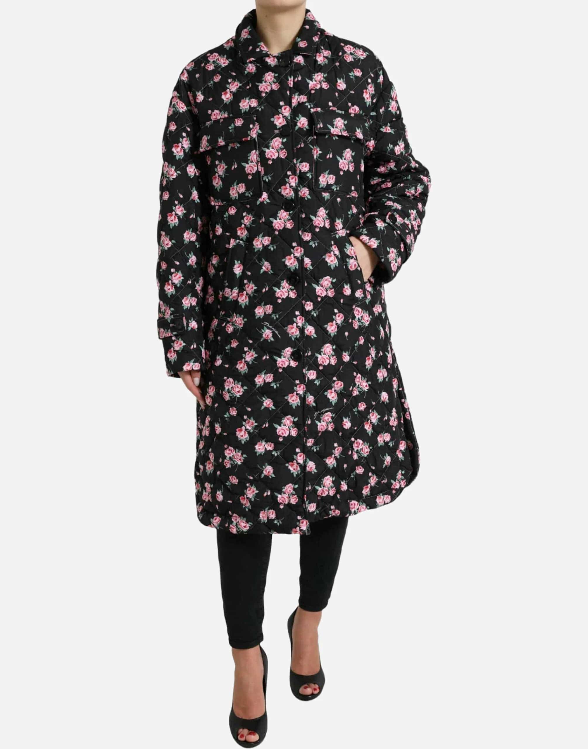 Floral-Print Collared Trench Coat