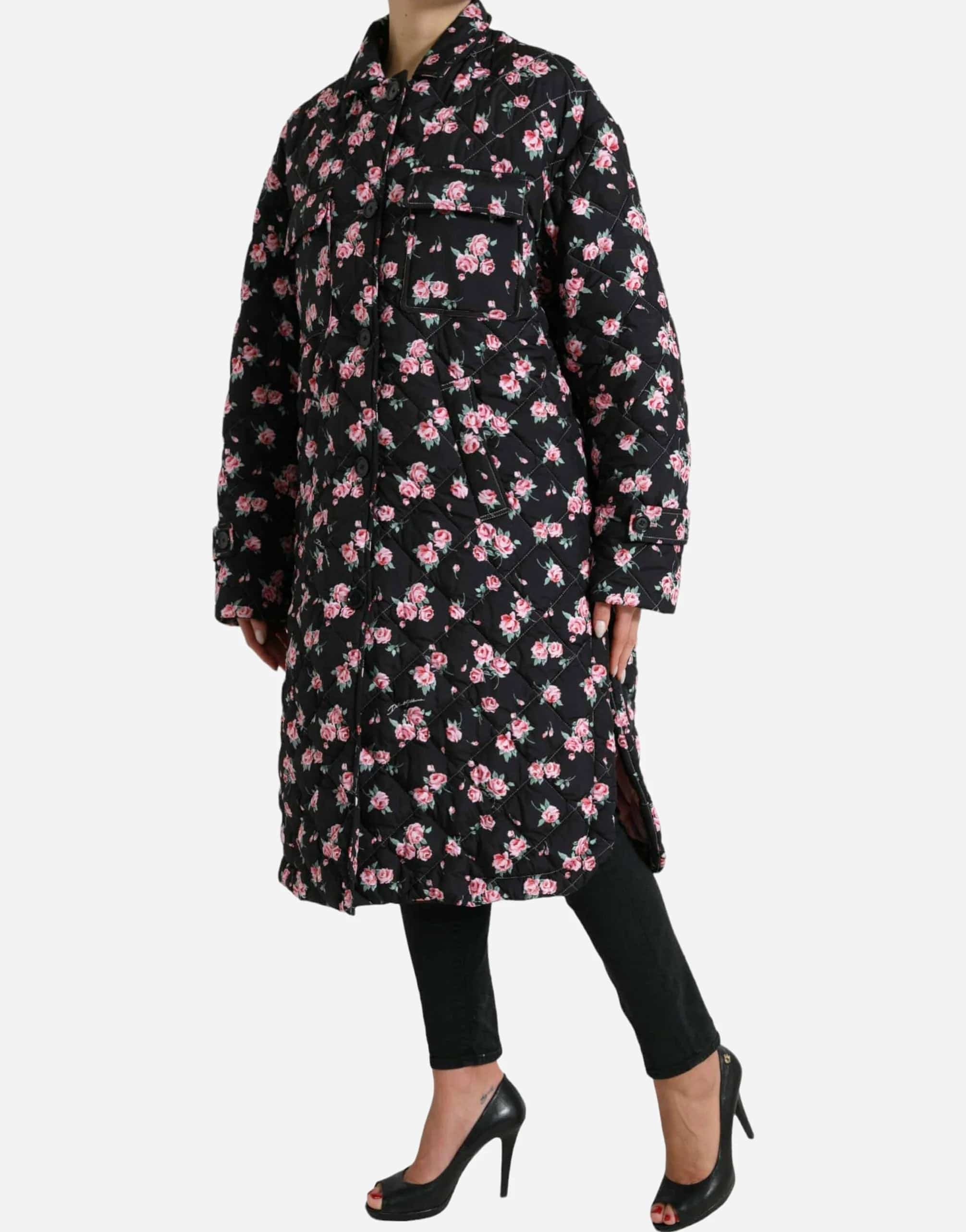 Floral-Print Collared Trench Coat