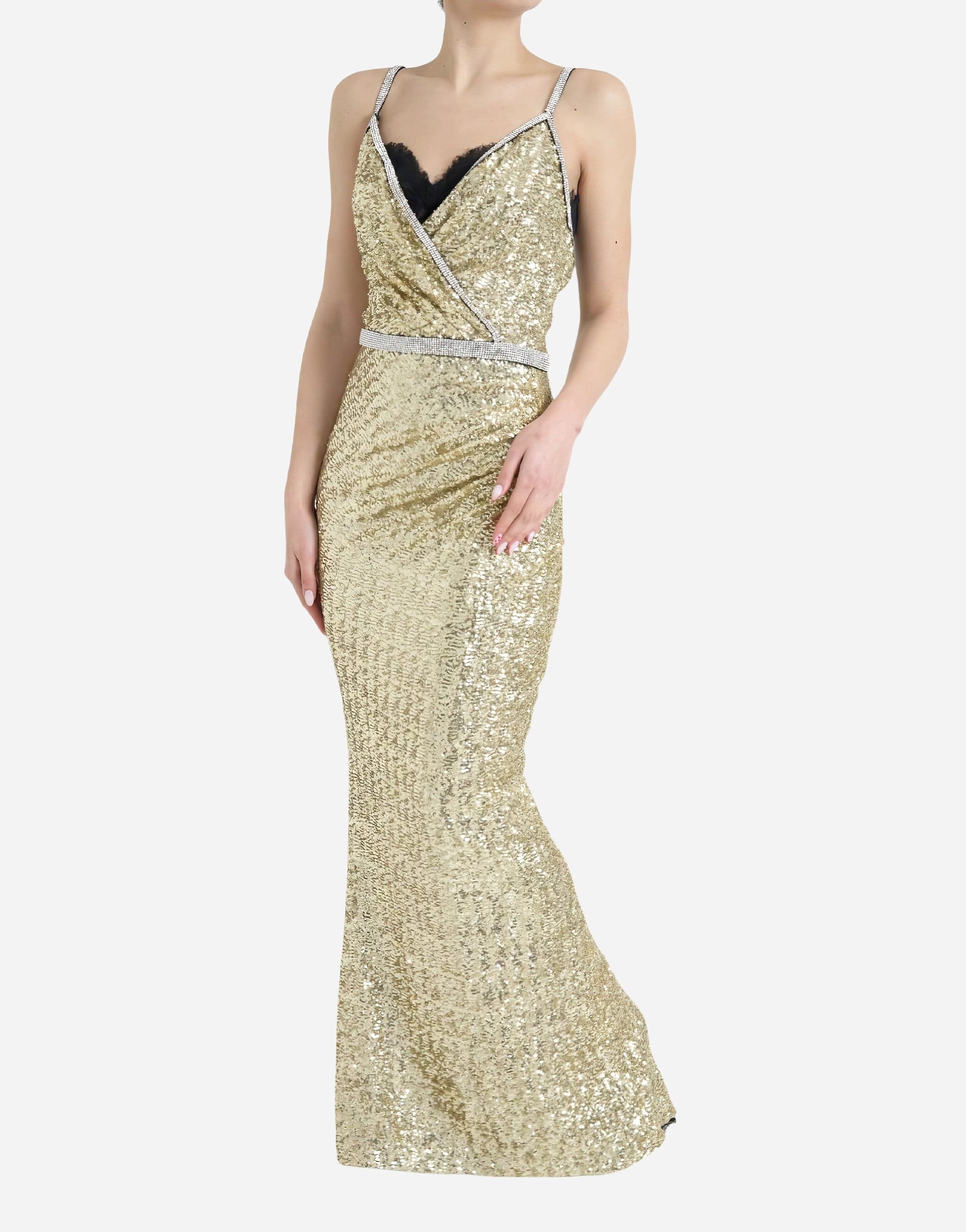 Crystal Embellished Sequined Stretch Satin Gown