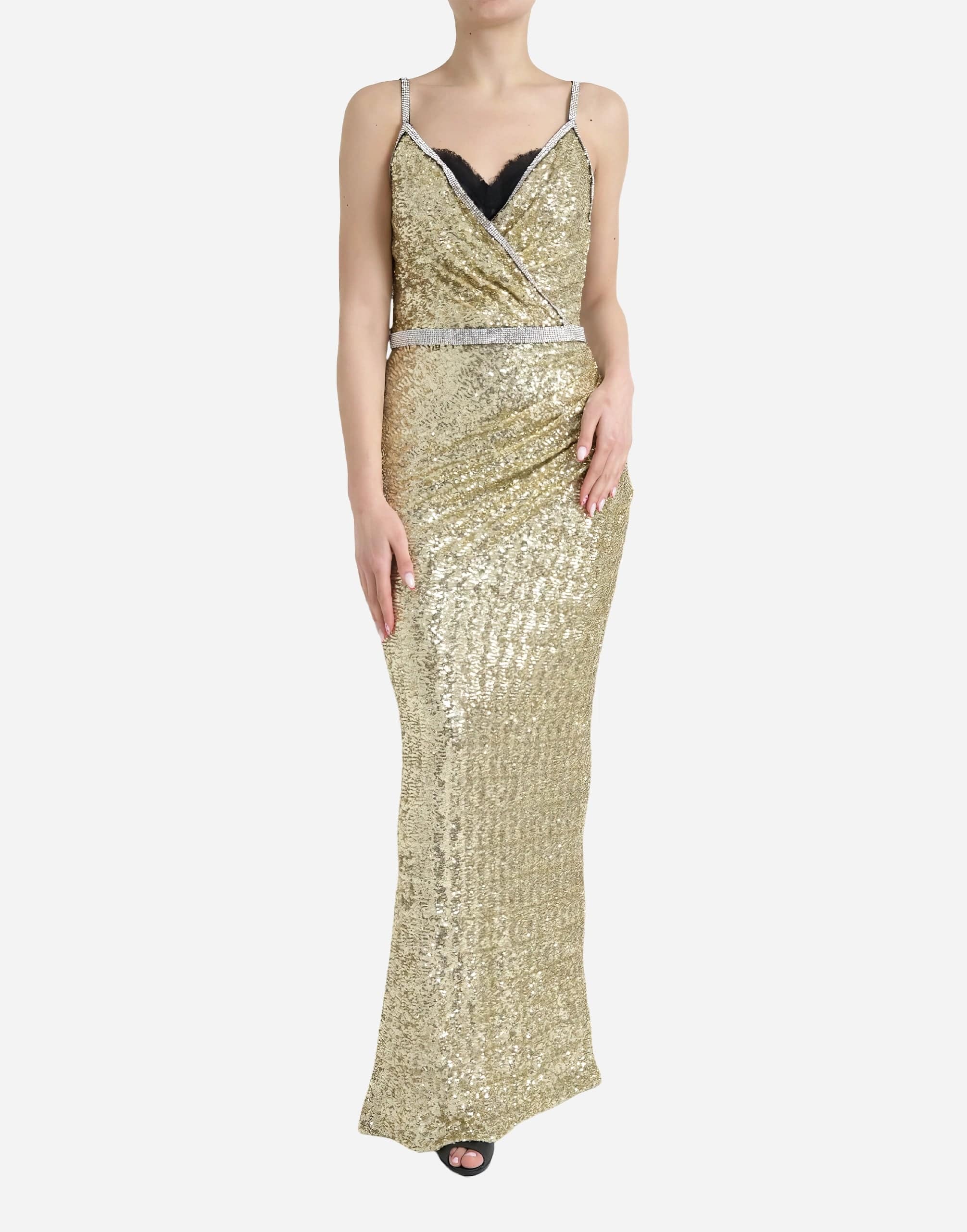 Crystal Embellished Sequined Stretch Satin Gown