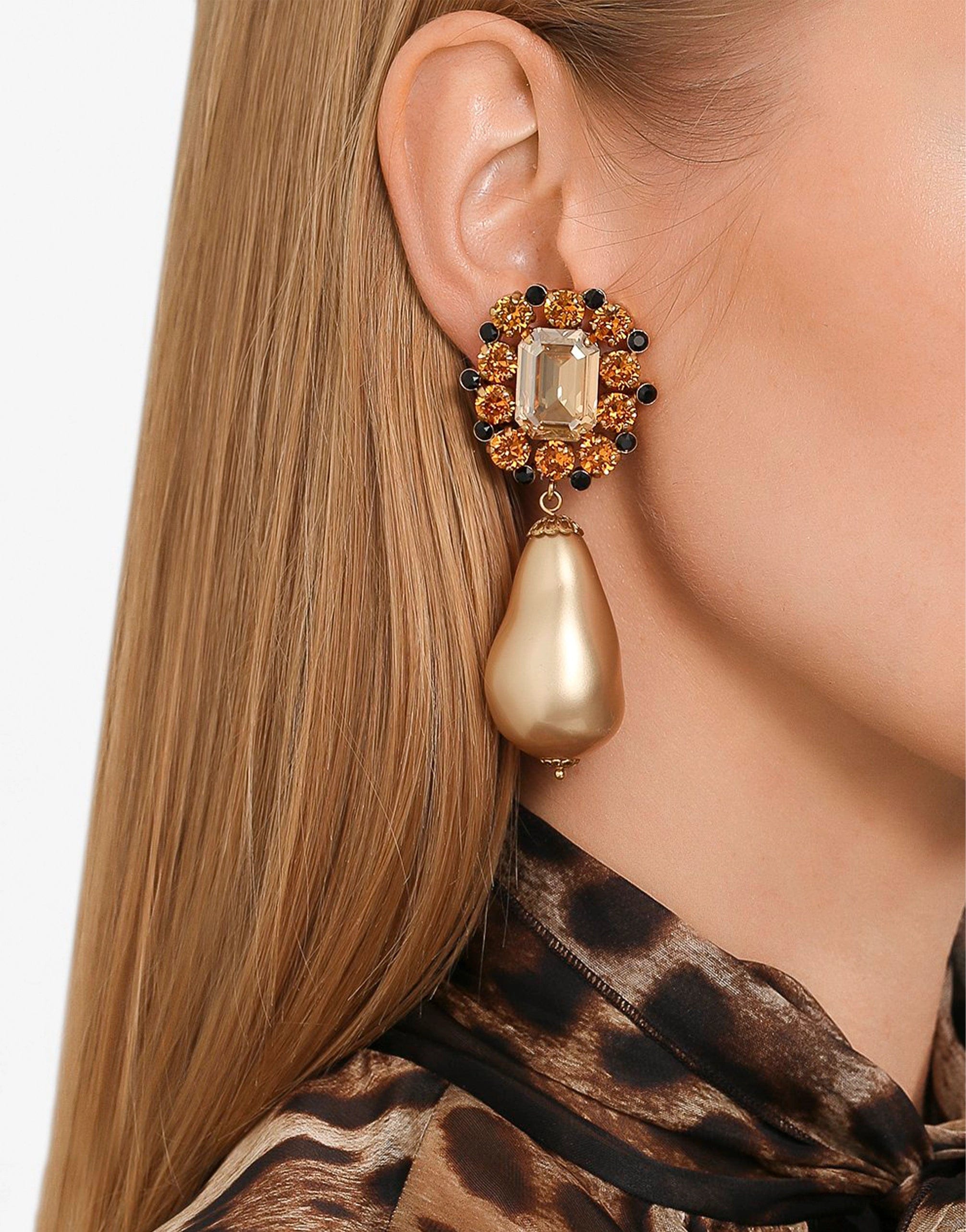 Dolce & Gabbana Gold Brass Crystal Faux Pearl Clip On Dangling Earrings