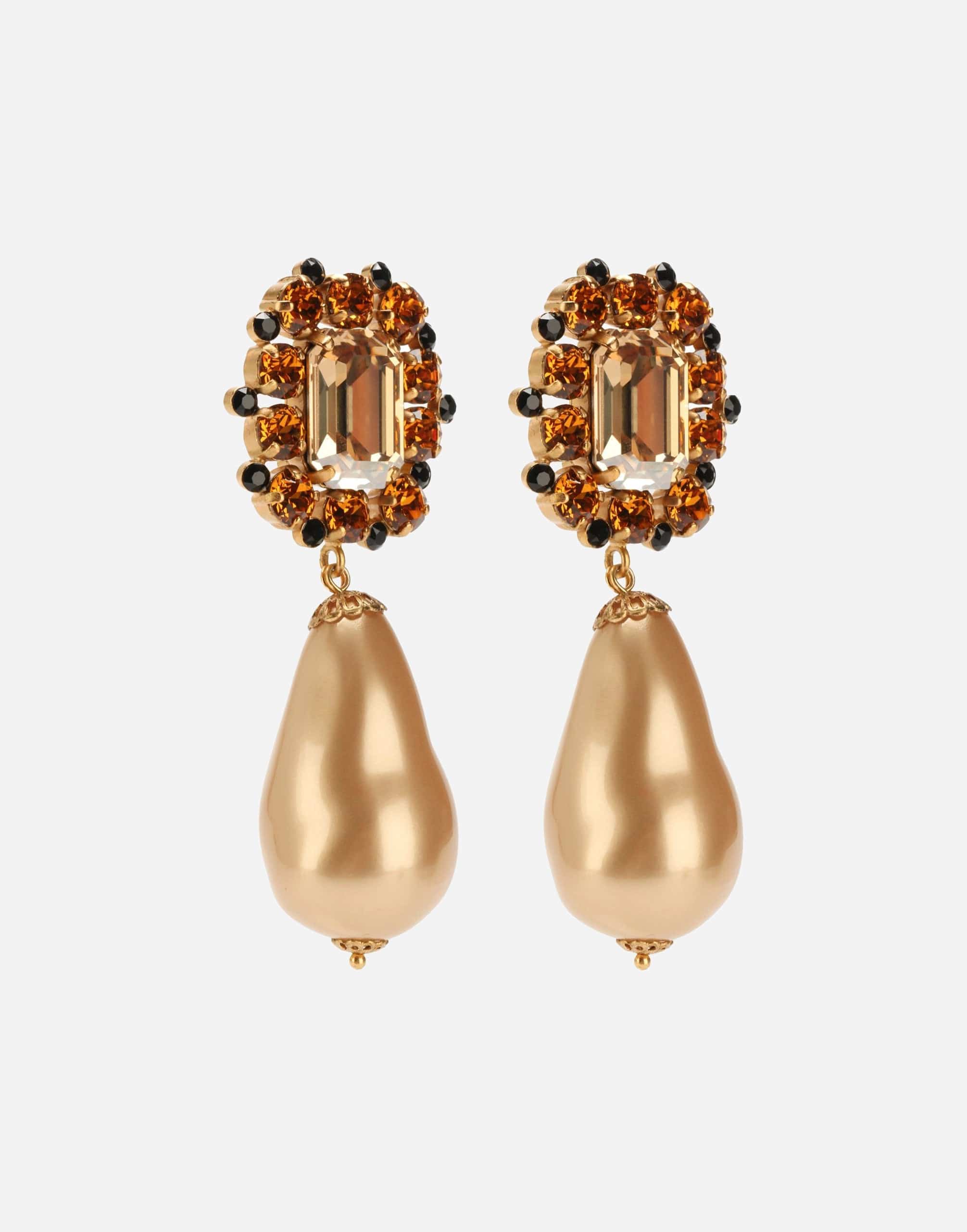 Dolce & Gabbana Gold Brass Crystal Faux Pearl Clip On Dangling Earrings