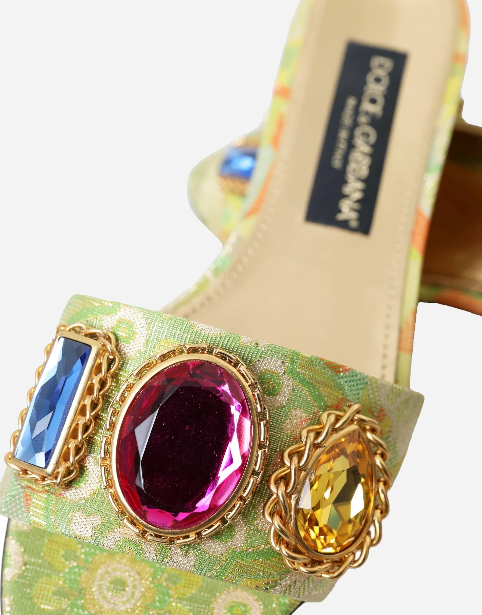 Dolce & Gabbana Green Crystal Jacquard Flats Sandals Shoes