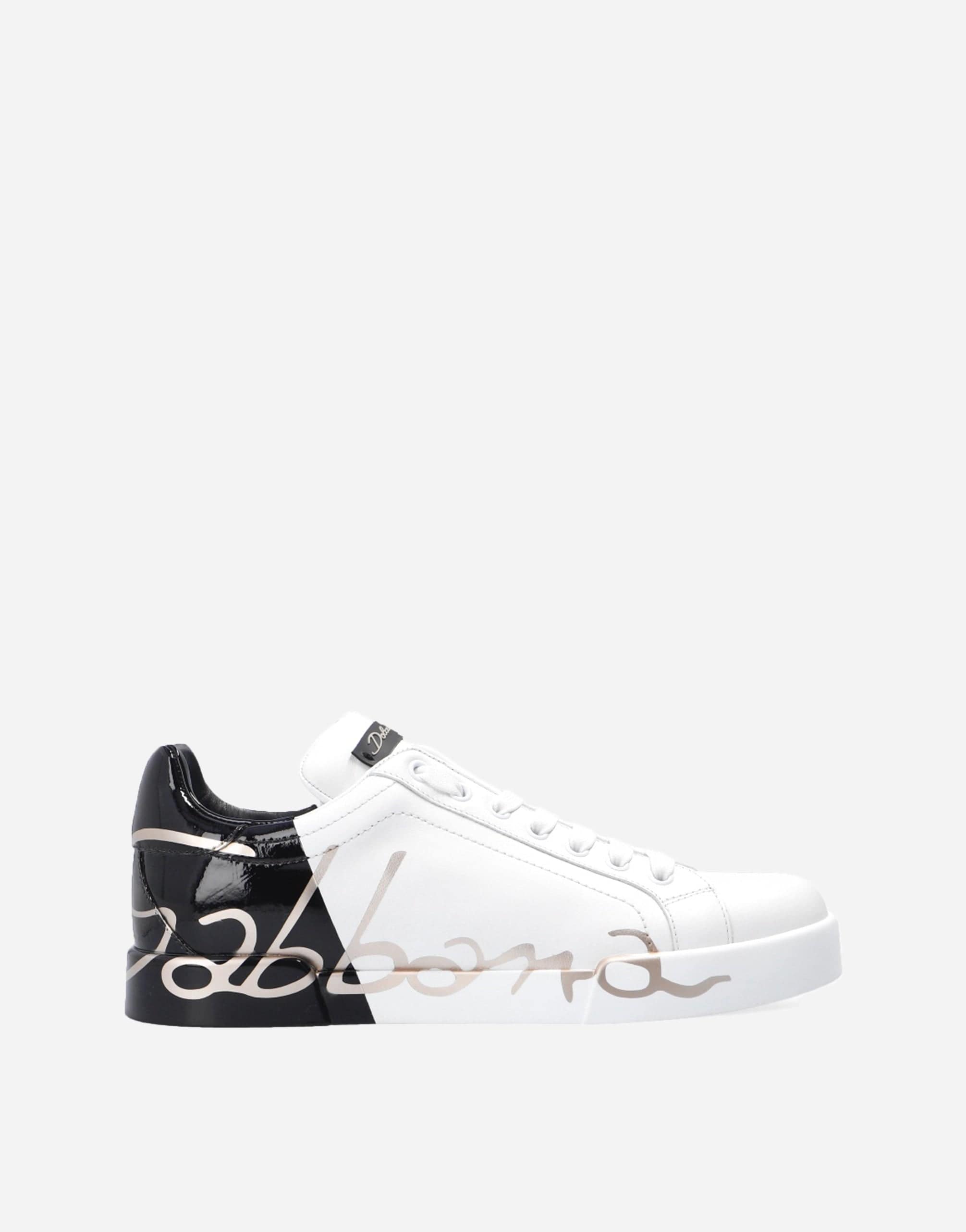 Dolce & Gabbana White Black Portofino Low Top Leather Sneakers Shoes