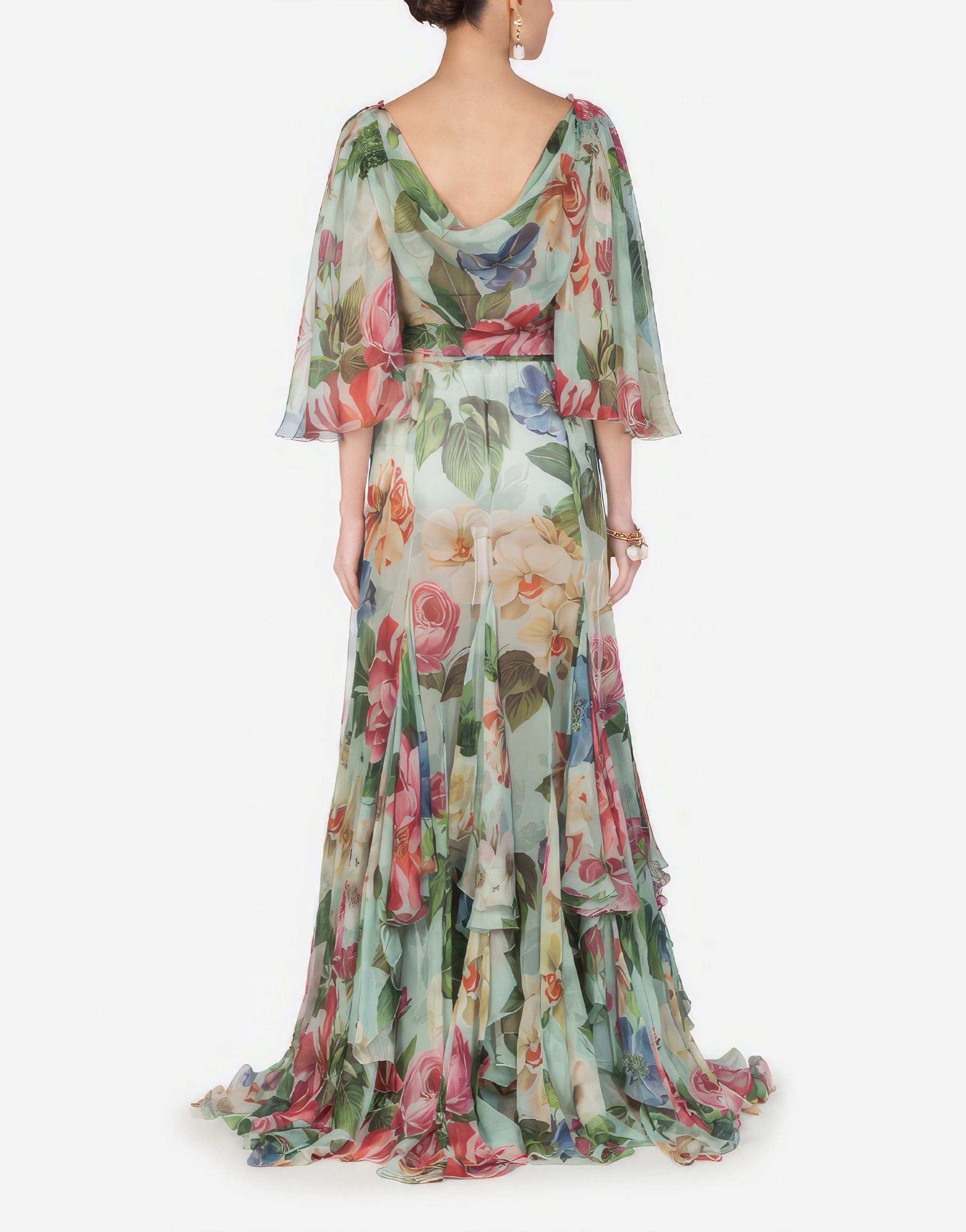 Dolce Gabbana Chiffon Floral-Silk Flutter-Sleeve Gown Sendegaro OM