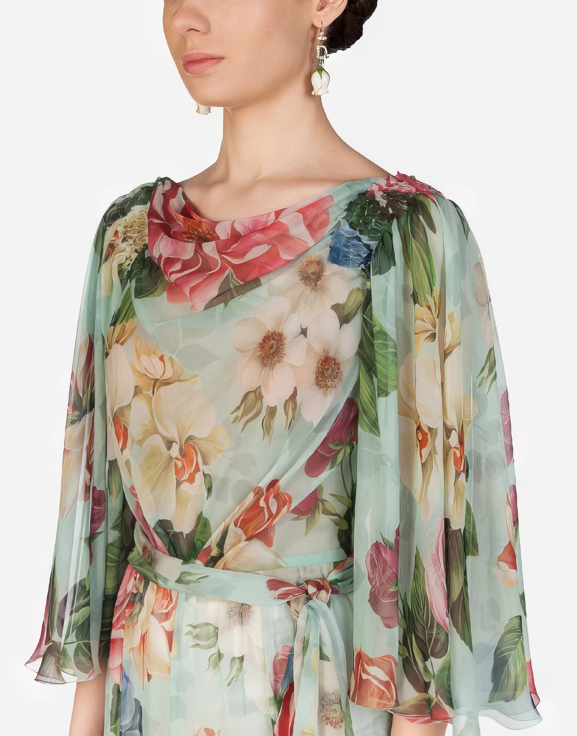 Dolce Gabbana Chiffon Floral Silk Flutter Sleeve Gown Sendegaro