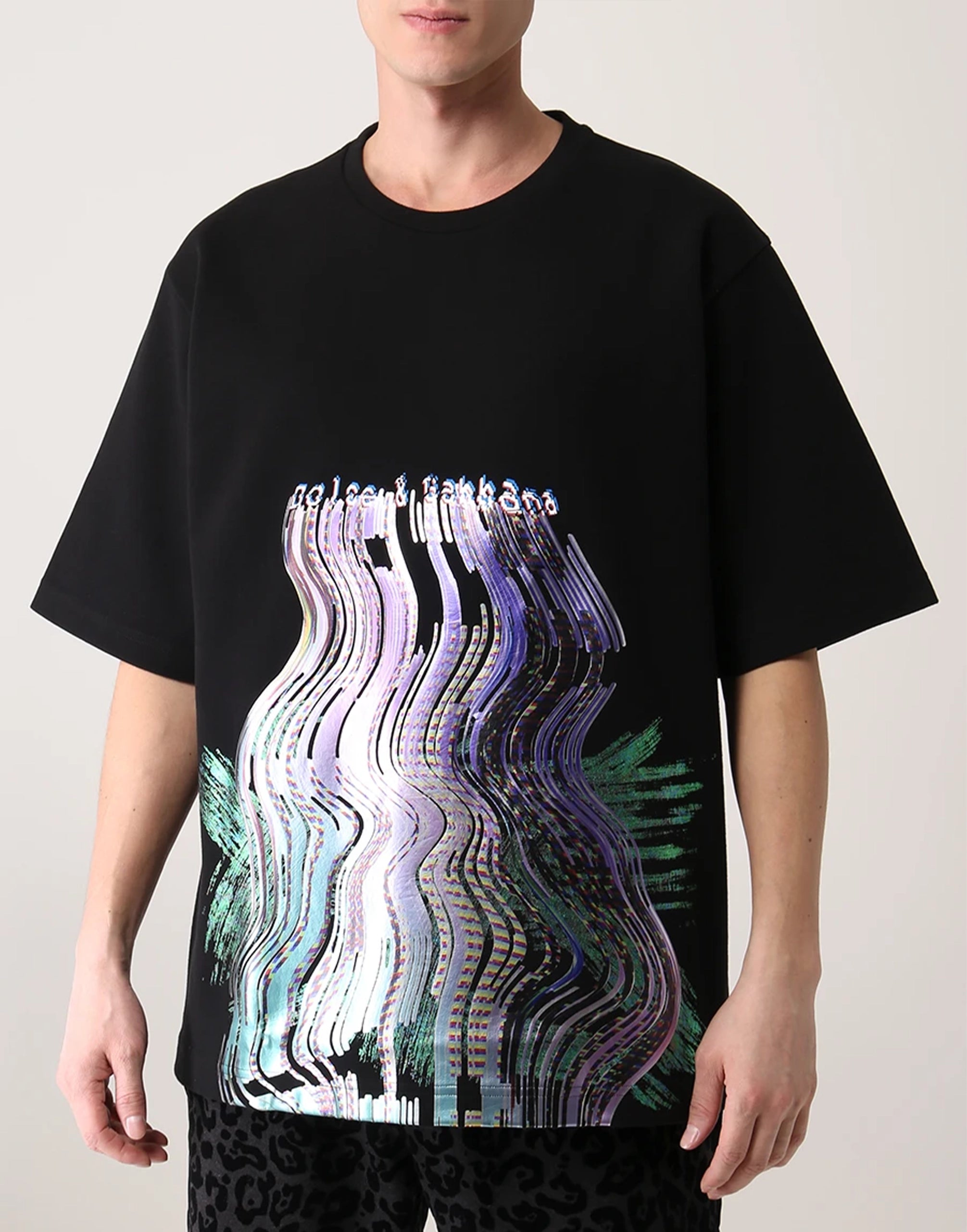 Cotton T-Shirt With Glitch Graphic Print