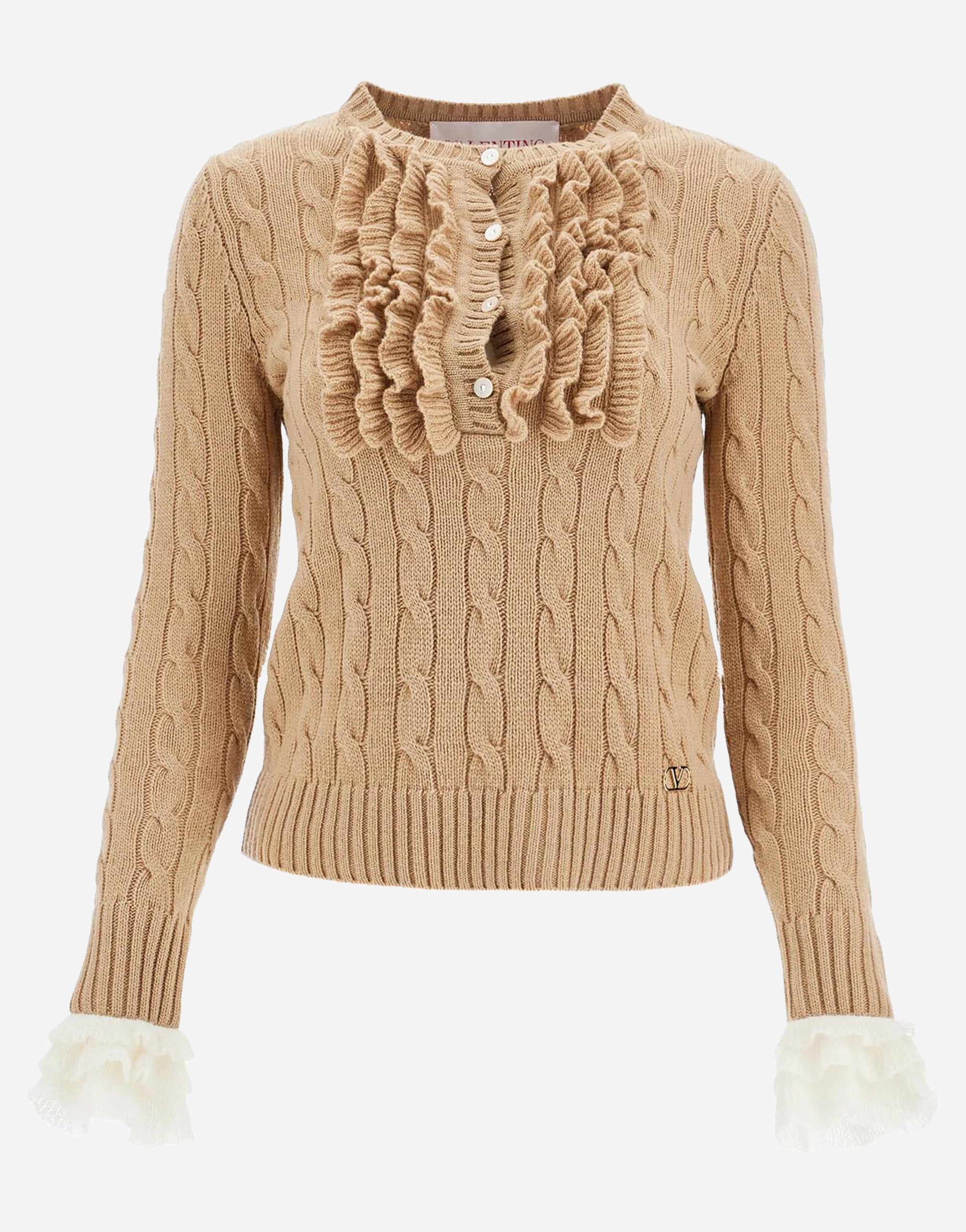 Ruffled Cable-Knit Virgin Wool Sweater