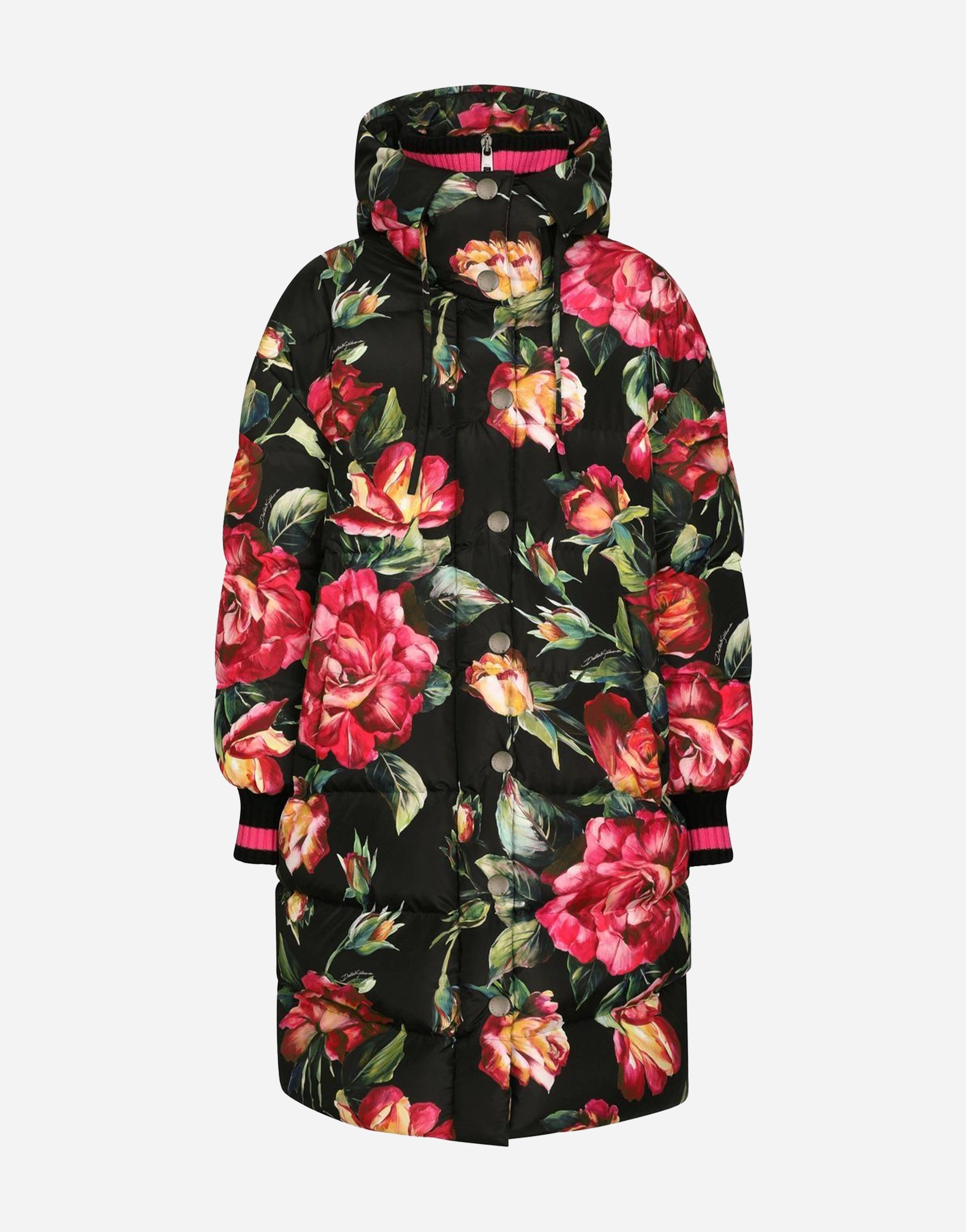 Long Floral-Print Down Coat