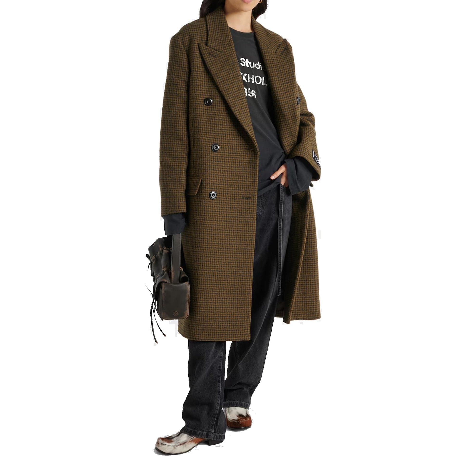 Acne Studios カーキグリーンのチェック柄ダブルブレストコート