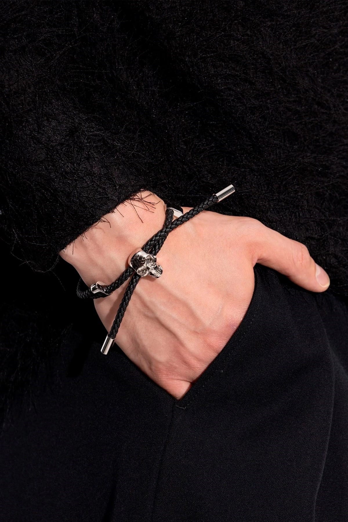Alexander McQueen Black Braided Leather Skull Bracelet - alternate view