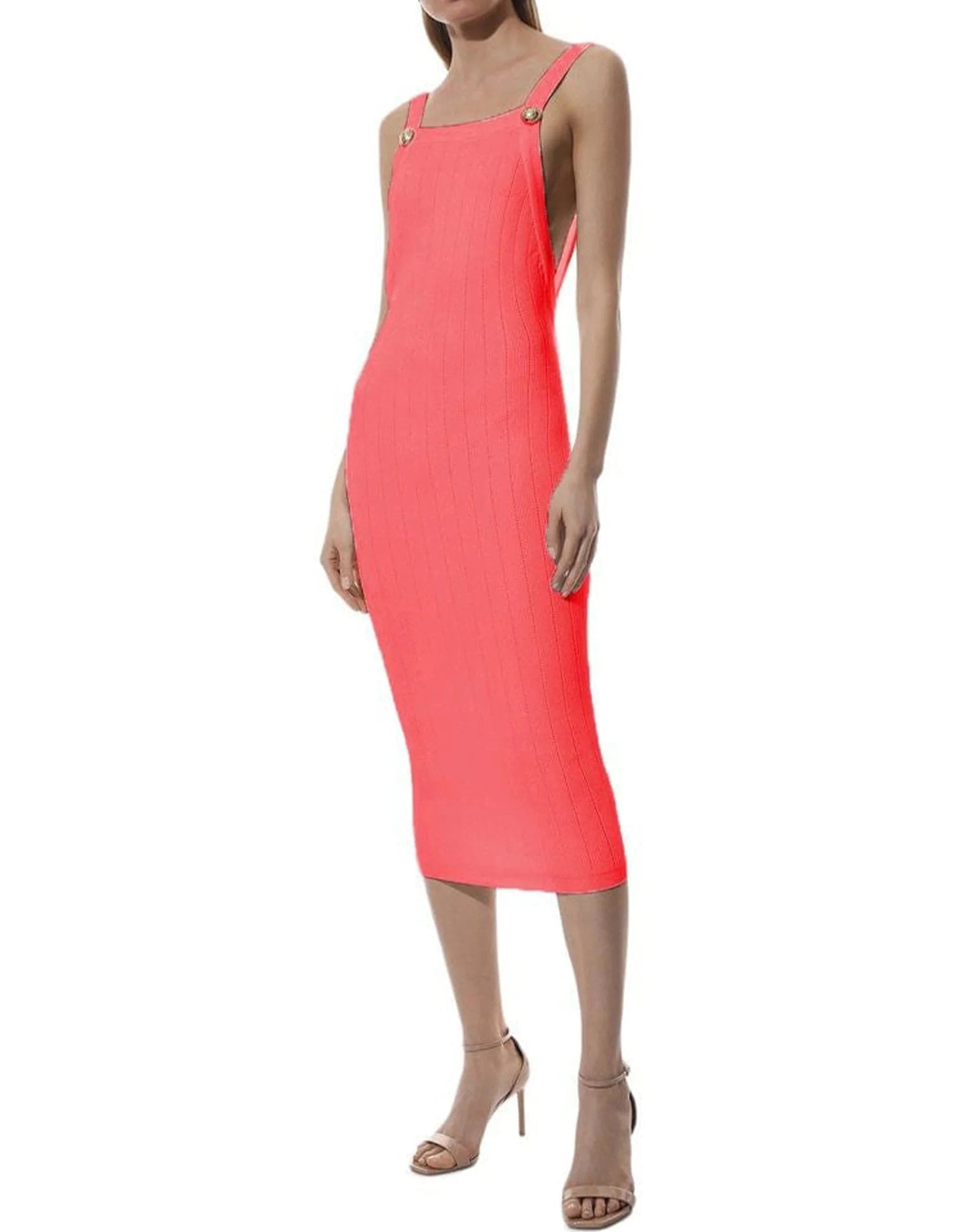 Balmain Ribbed Shoulder Pad Midi Dress