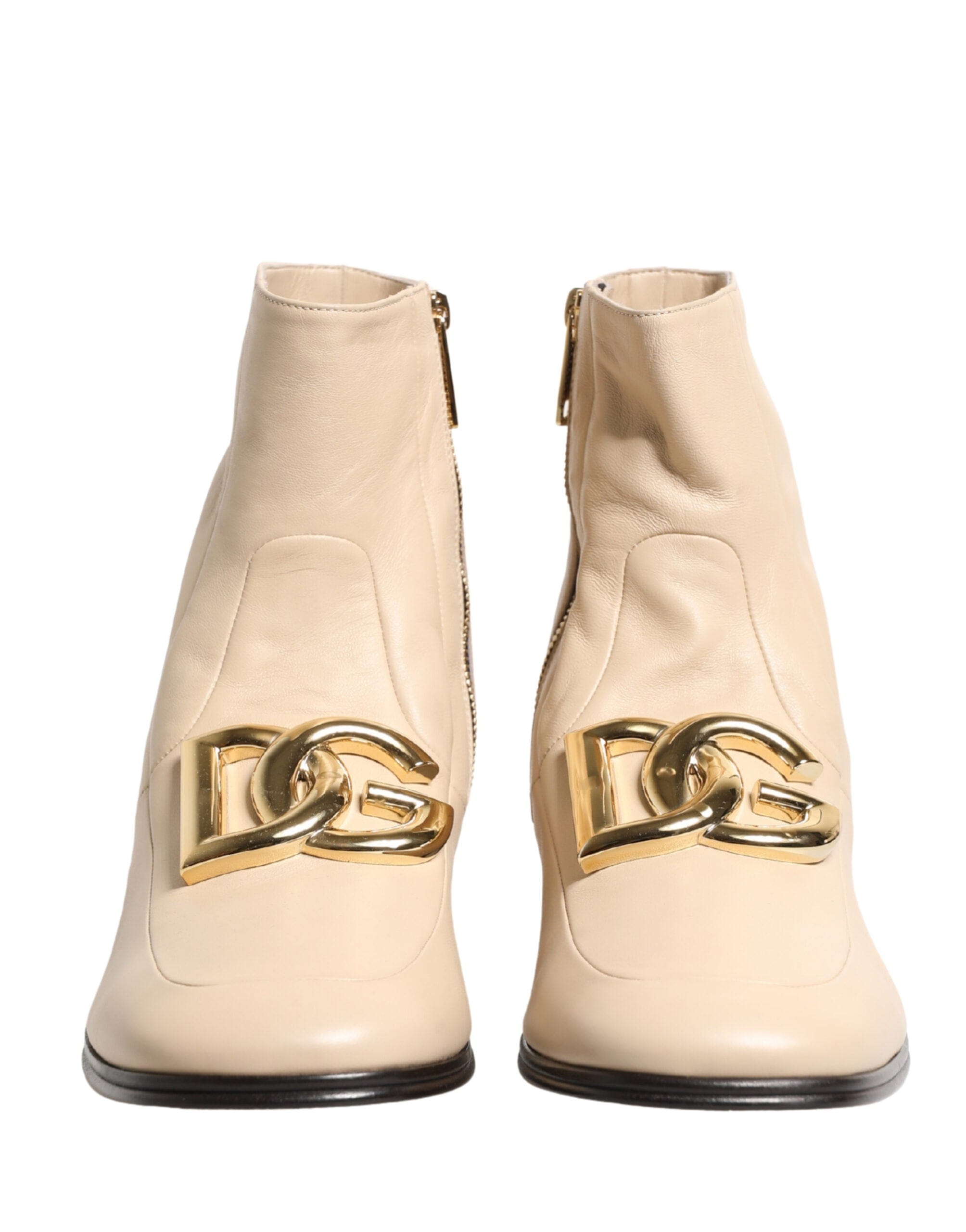 Dolce & Gabbana Botines de tobillo de cuero beige con placa de logo