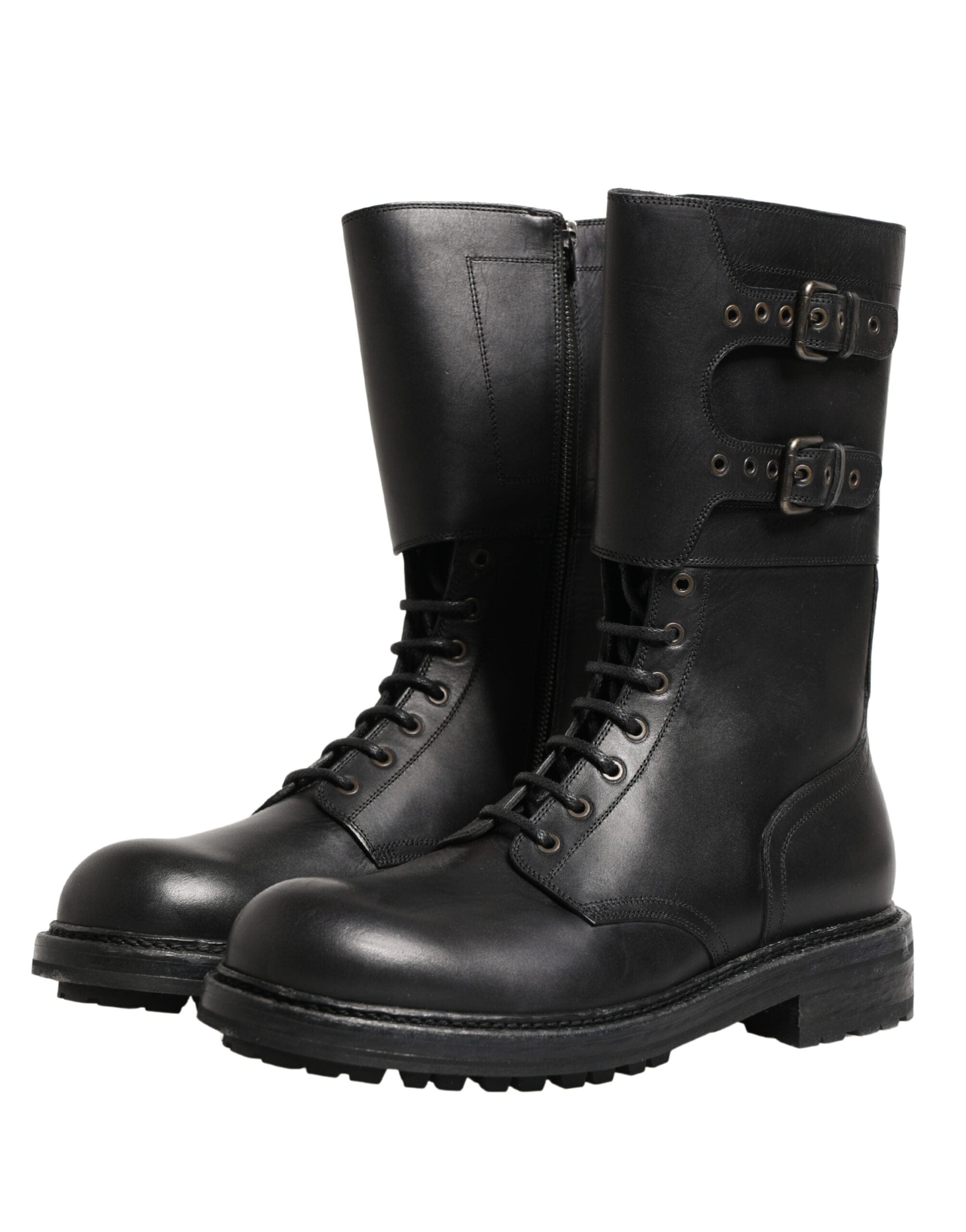 Dolce & Gabbana Black Leather Belted Buckle Combat Boots Shoes
