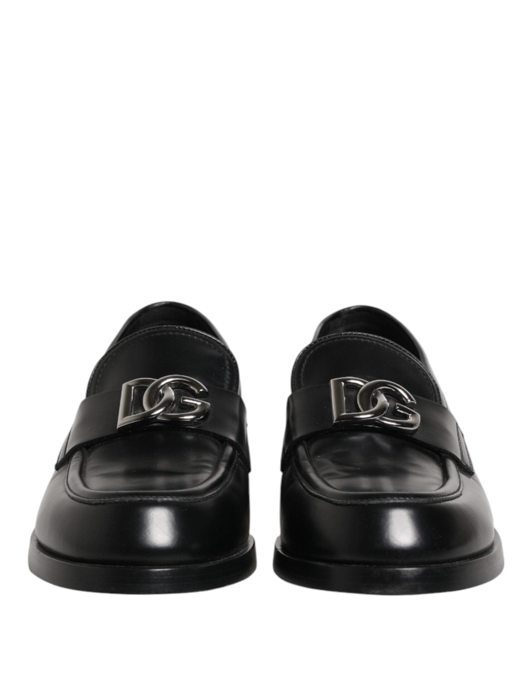 Dolce & Gabbana Itim na Leather DG Plaque Loafers na Sapatos Pambihis