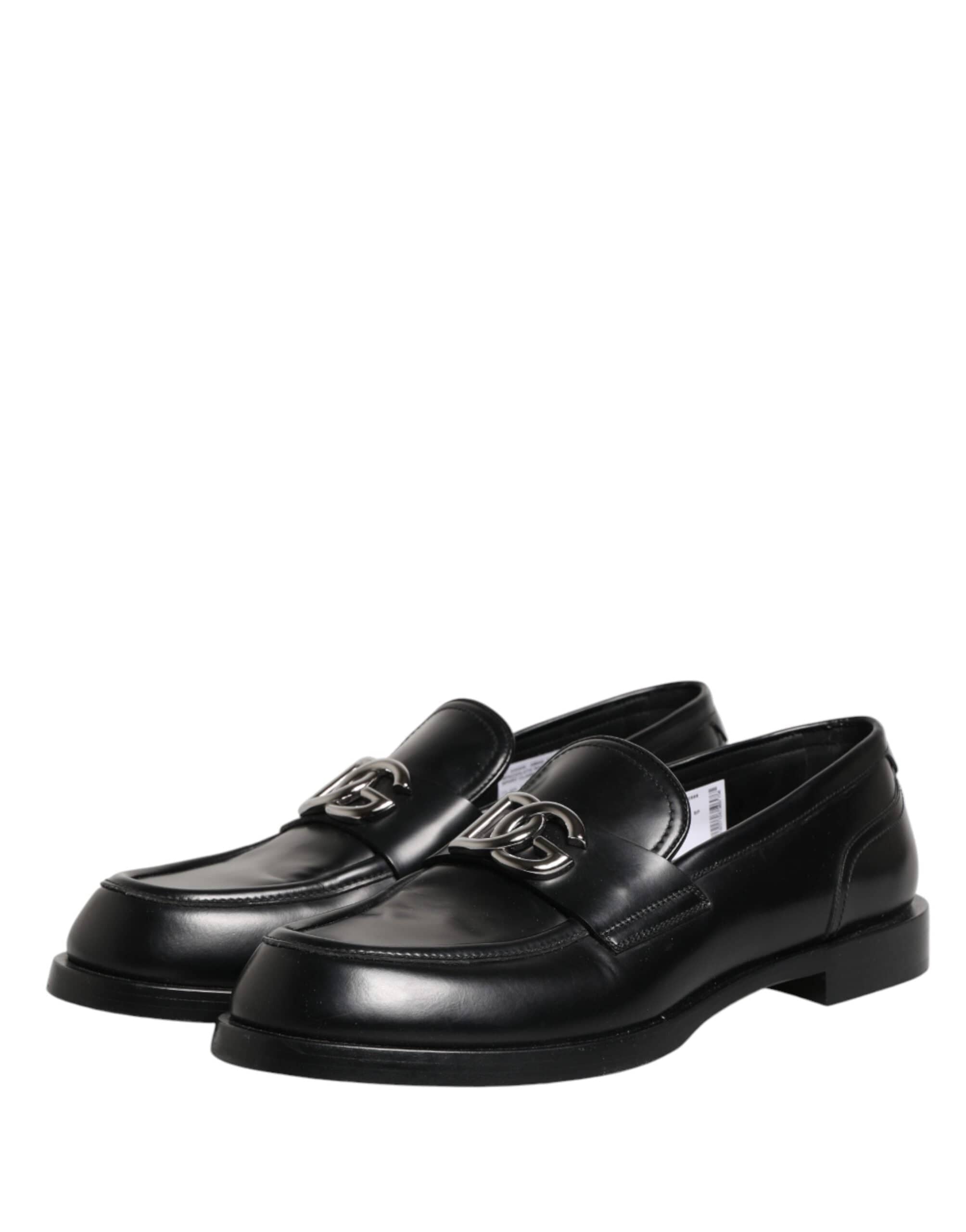 Dolce & Gabbana Itim na Leather DG Plaque Loafers na Sapatos Pambihis