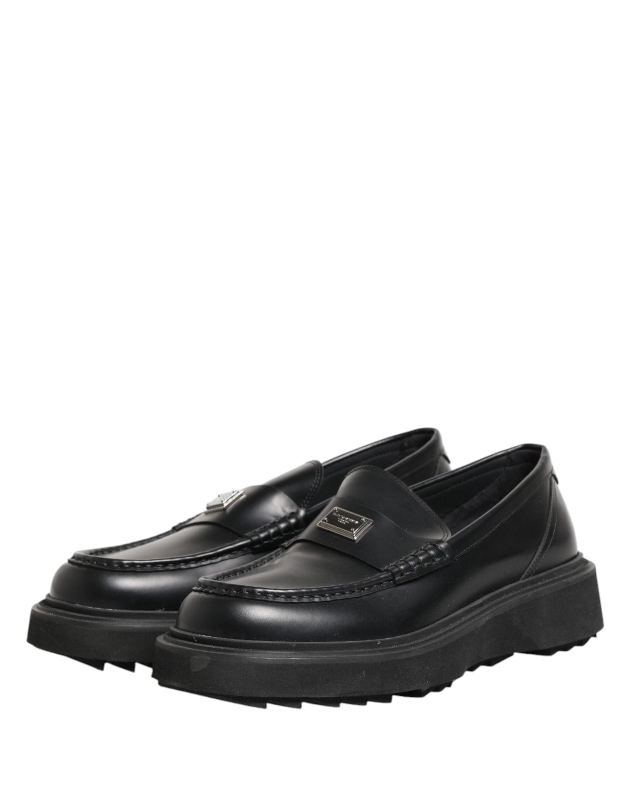 Dolce & Gabbana Itim na Leather DG Plaque Loafers na Sapatos Pambihis