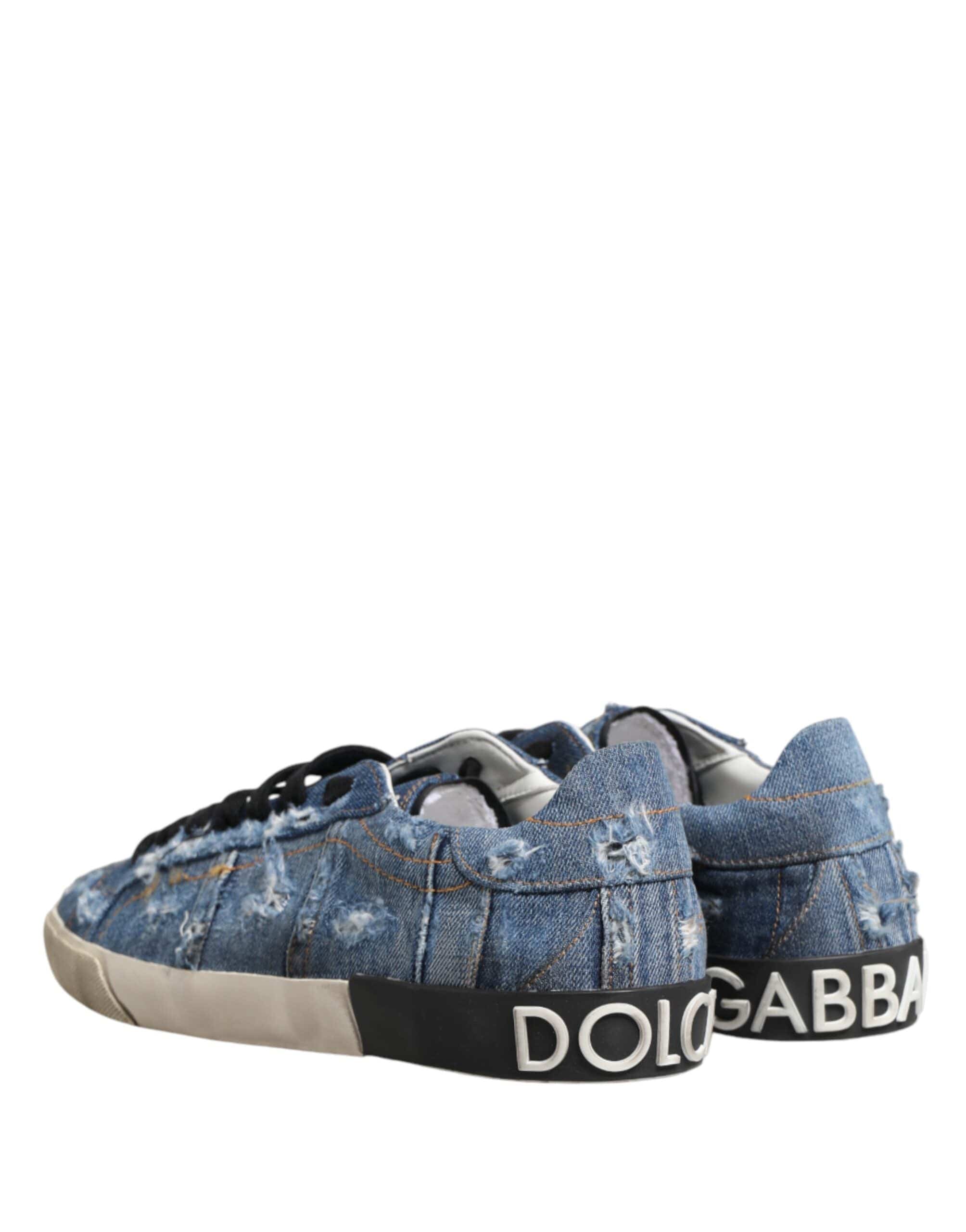 Dolce & Gabbana Blaue Low-Top-Sneaker aus Distressed Denim