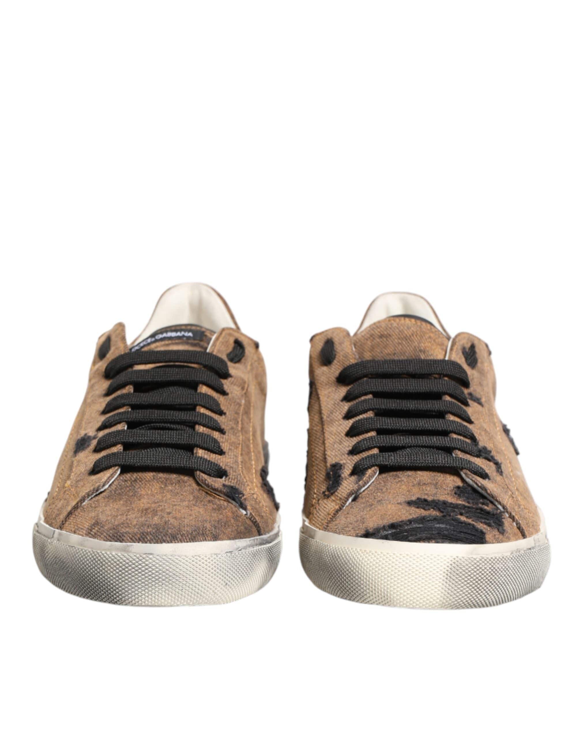 Dolce & Gabbana Brown Black Patch Denim Low Top Sneakers Shoes