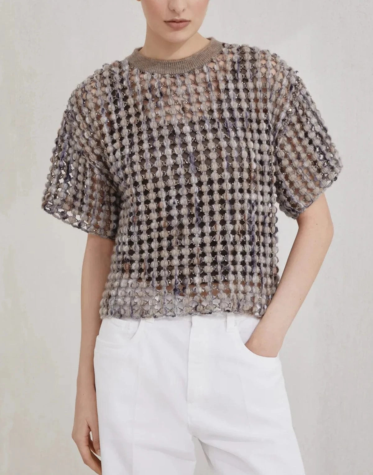 Brunello Cucinelli Balloon Net Embroidery Knit T-Shirt