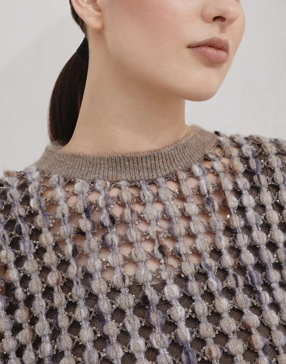 Brunello Cucinelli Balloon Net Embroidery Knit T-Shirt