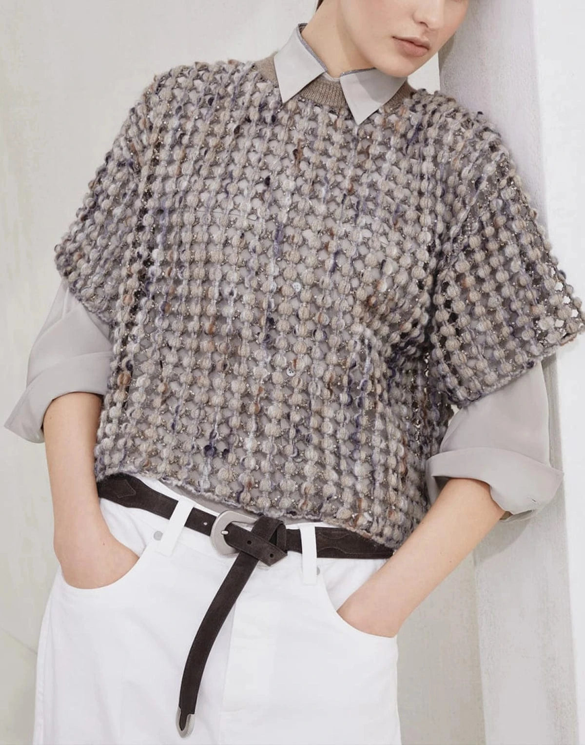 Brunello Cucinelli Balloon Net Embroidery Knit T-Shirt